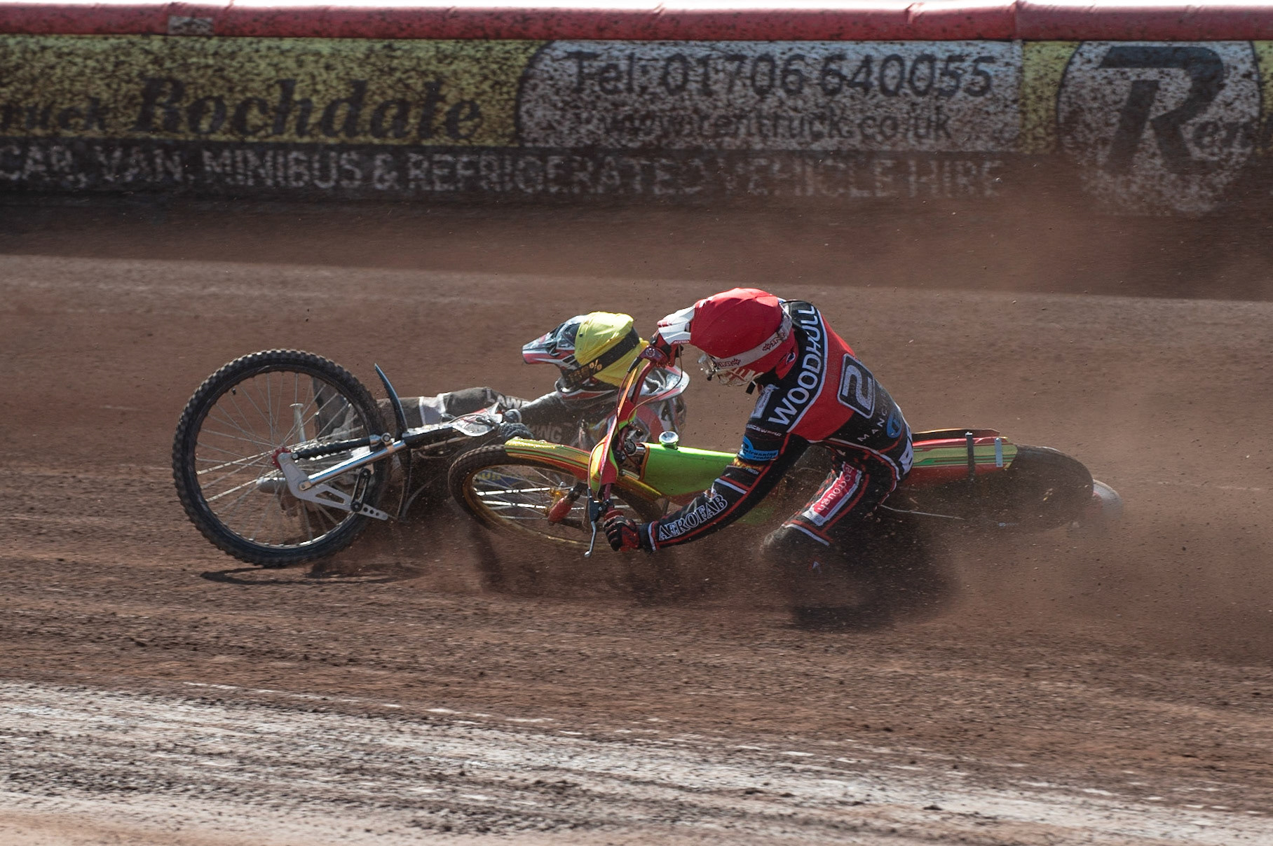 Photo: Ian Charles

Ben Woodhull (Red) brings down Joe Alcock (Yellow)

Belle Vue Colts v Stoke Potters, National League, Belle Vue National Speedway Stadium, Manchester, Friday 19  April  2019