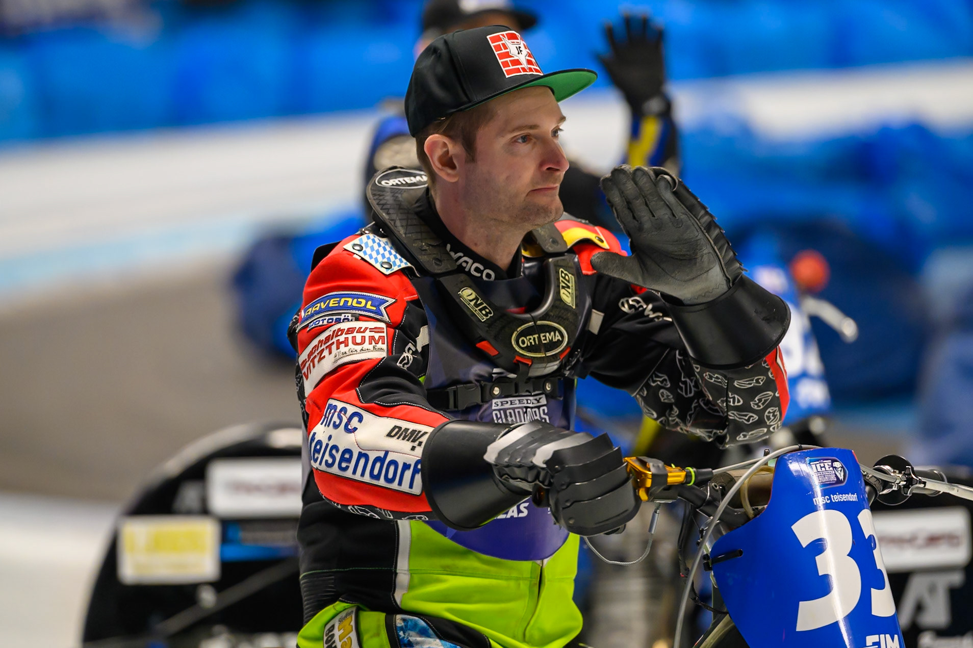 Johann Weber (33) of Germany  on the parade lap during the Ice Speedway Gladiators World Championship Final 1 at Max-Aicher-Arena, Inzell on Saturday 14th March 2026. (Photo: Ian Charles | MI News)