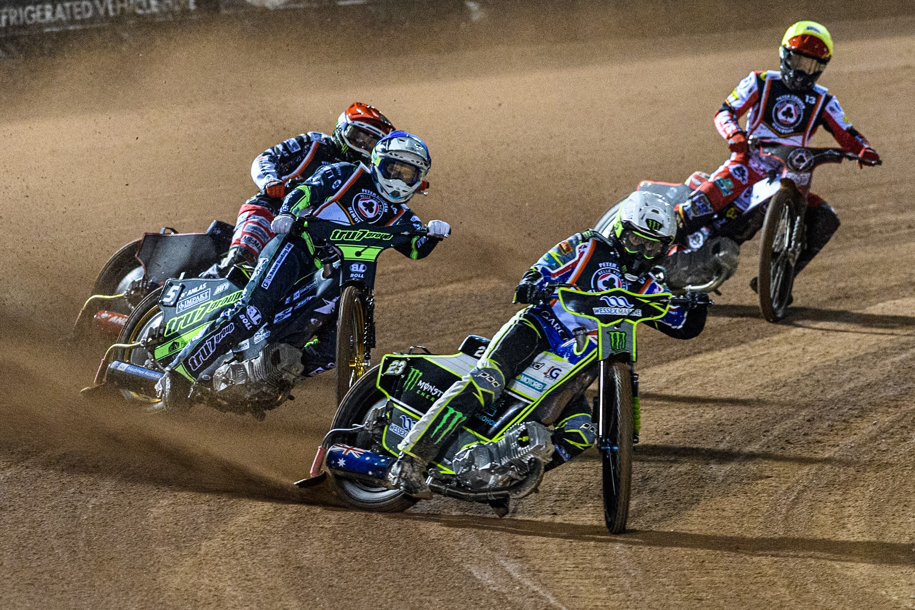Chris Holder in White leading Jason Doyle in Blue, Freddie Lindgren in Red and Tate Zischke in Yellow during the Peter Craven Memorial Trophy at the National Speedway Stadium, Manchester on Monday 17th March 2025. (Photo: Ian Charles | MI News)