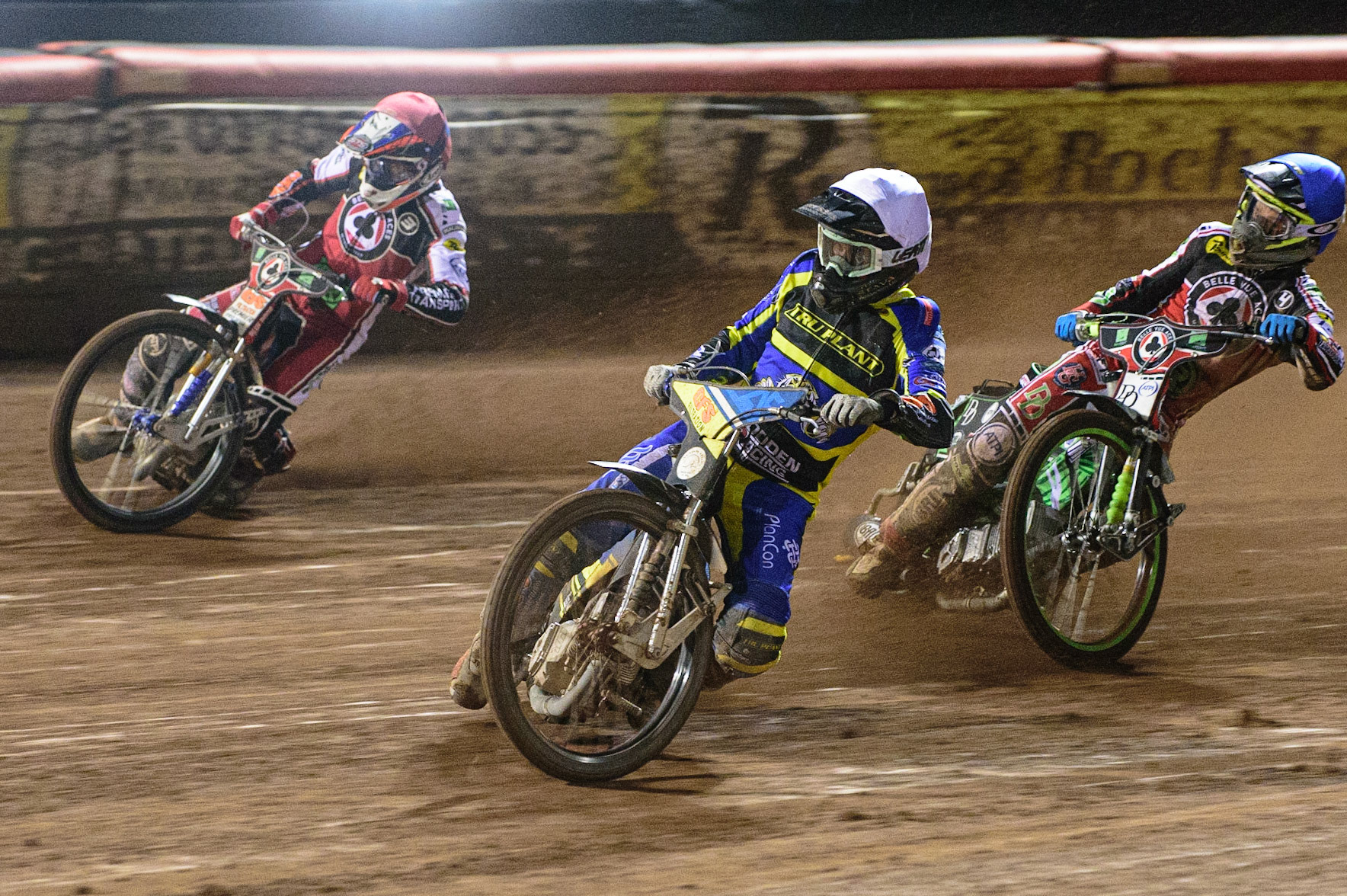 MANCHESTER, UK. OCT 7TH  Adam Ellis  (White) leads Steve Worrall   (Red) and Charles Wright (Blue) during the SGB Premiership Play off Semi-Final Second Leg between Belle Vue Aces and Sheffield Tigers at the National Speedway Stadium, Manchester on Thursday 7th October 2021. (Credit: Ian Charles | MI News)