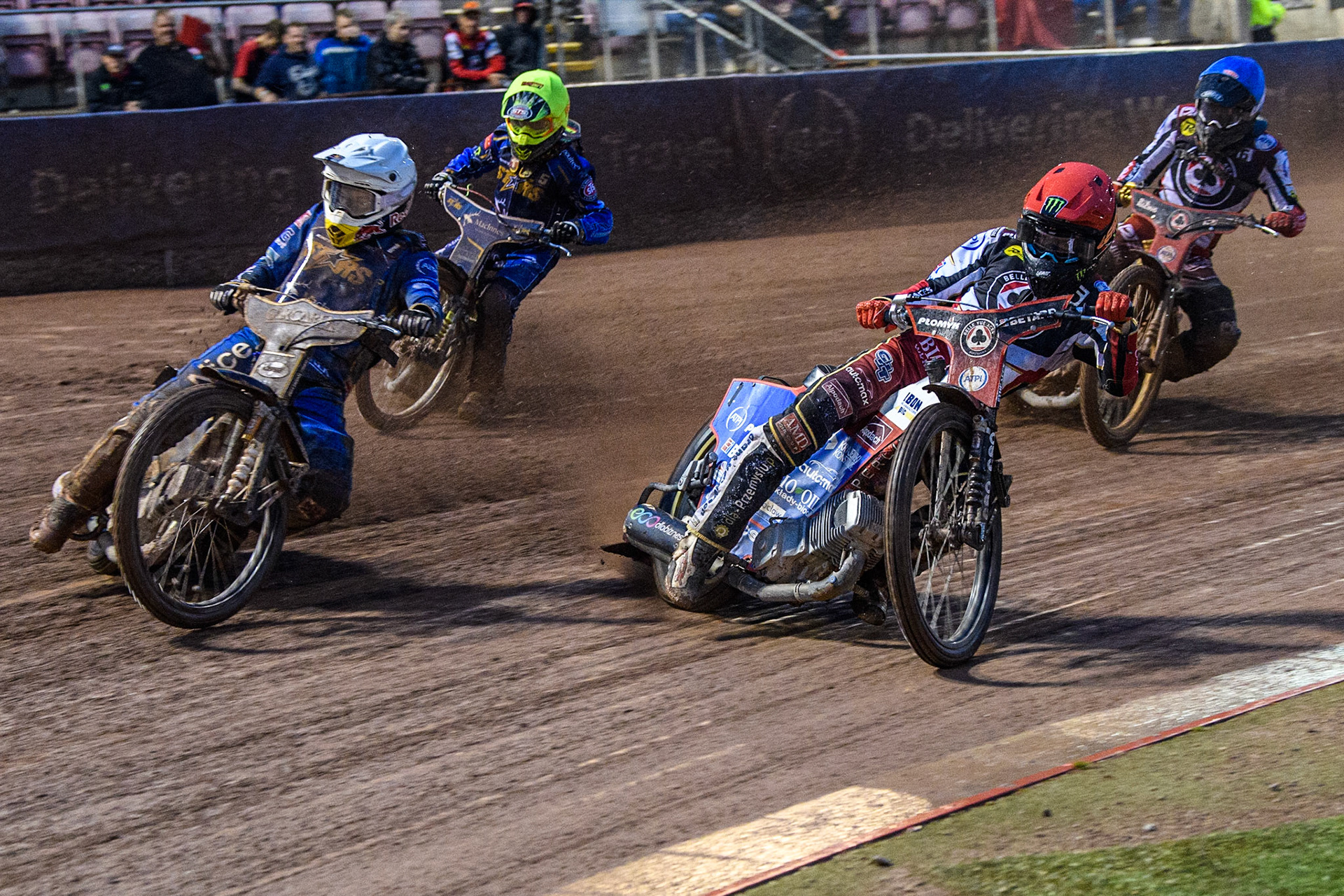 Dan Bewley (Red) inside Robert Lambert (White) with Michael Palm Toft (Yellow) and Norick Blodorn (Blue) behind during the Sports Insure Premiership match between Belle Vue Aces and King's Lynn Stars at the National Speedway Stadium, Manchester on Monday 21st August 2023. (Photo: Ian Charles | MI News)