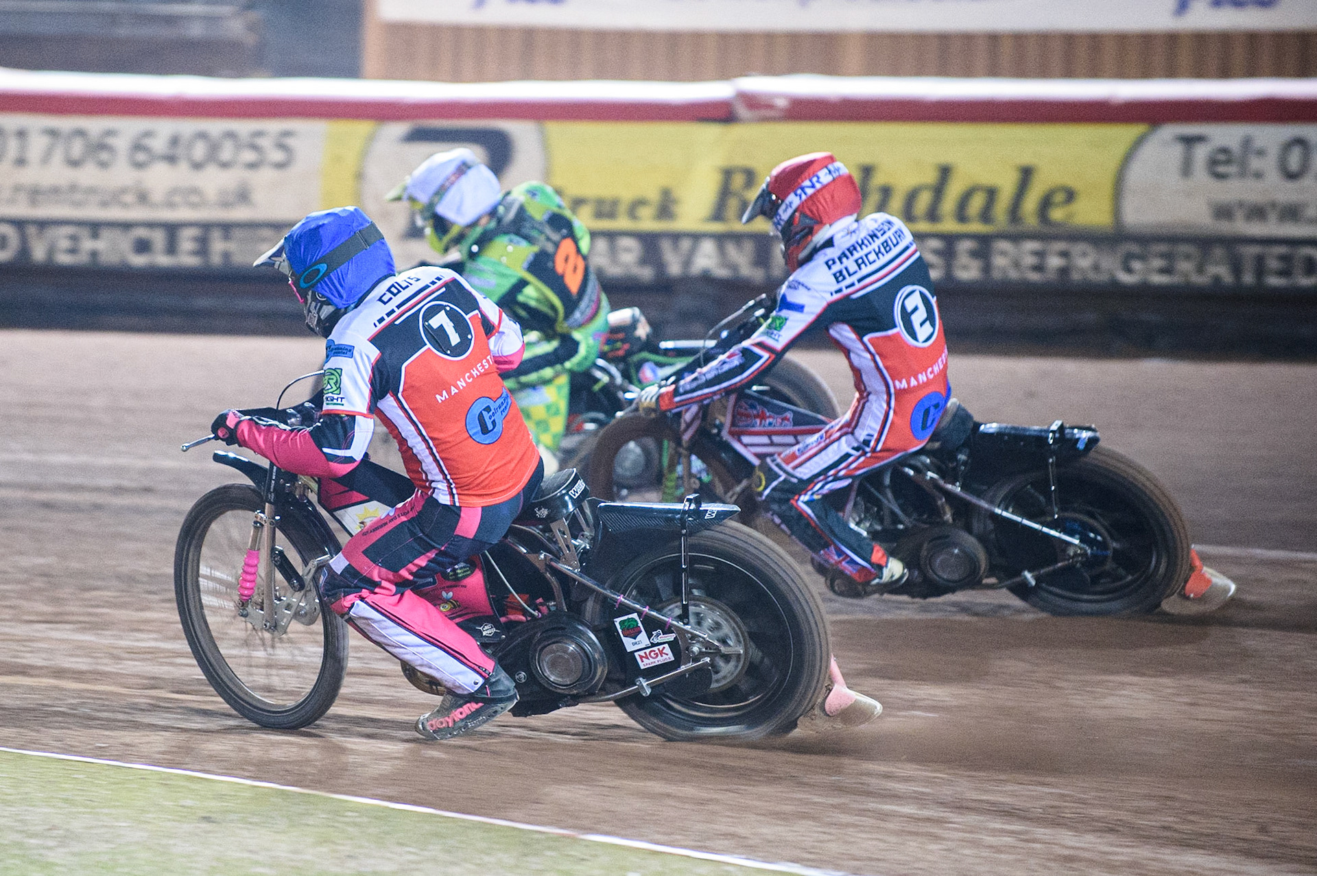 MANCHESTER, SEPT 3RD. Sam Woolley  inside Sam Bebee  (White) and Jack Parkinson-Blackburn  (Red) during the National Development League match between Belle Vue Aces and Mildenhall Fens Tigers at the National Speedway Stadium, Manchester on Friday 3rd September 2021. (Credit: Ian Charles | MI News)