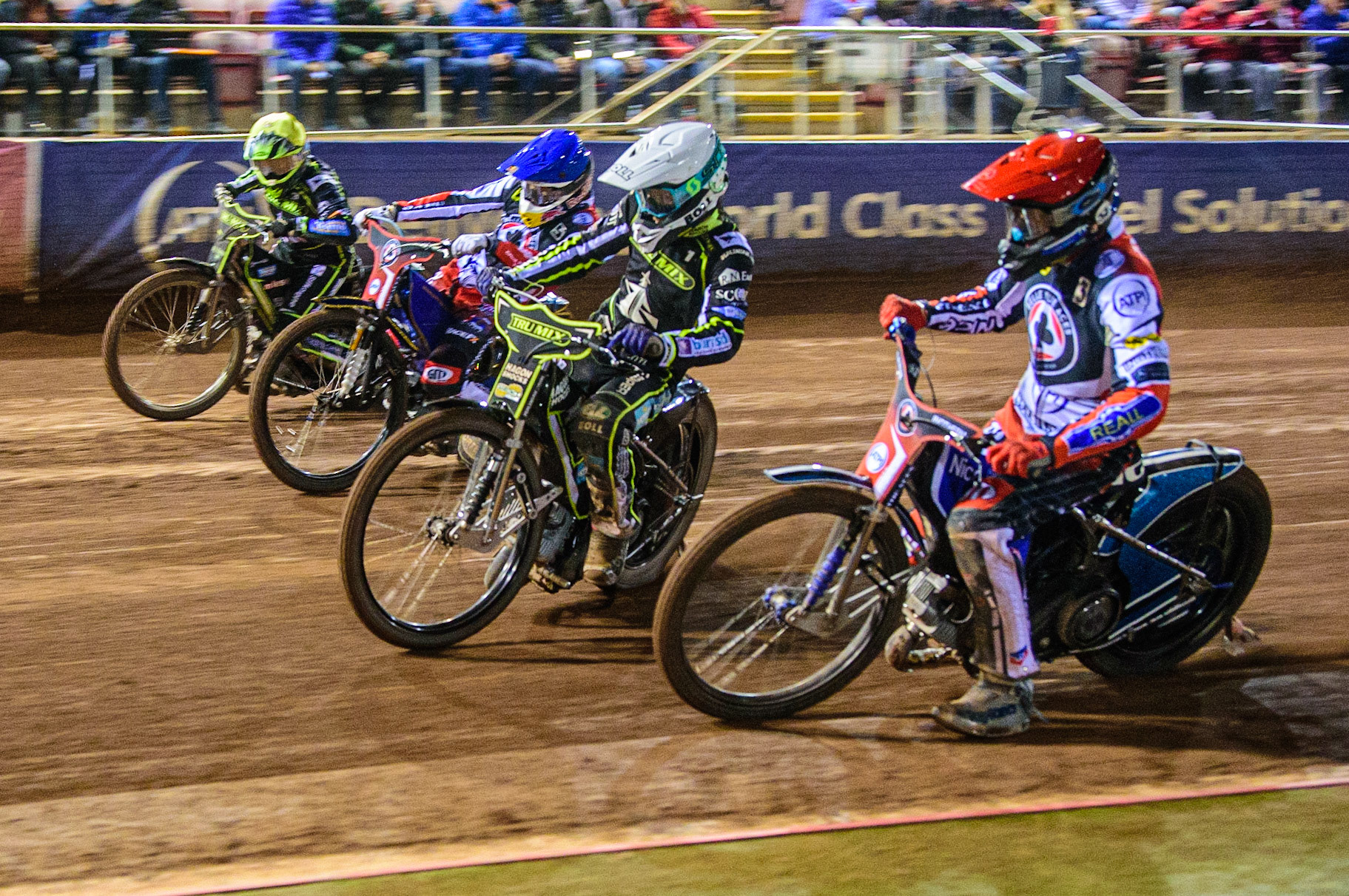 Matej Zagar  (Red) inside Jason Doyle  (White), Robert Lambert (Blue) and Danny King  (White) during the SGB Premiership Semi Final 2nd Leg between Belle Vue Aces and Ipswich Witches at the National Speedway Stadium, Manchester on Monday 3rd October 2022. (Credit: Ian Charles | MI News)