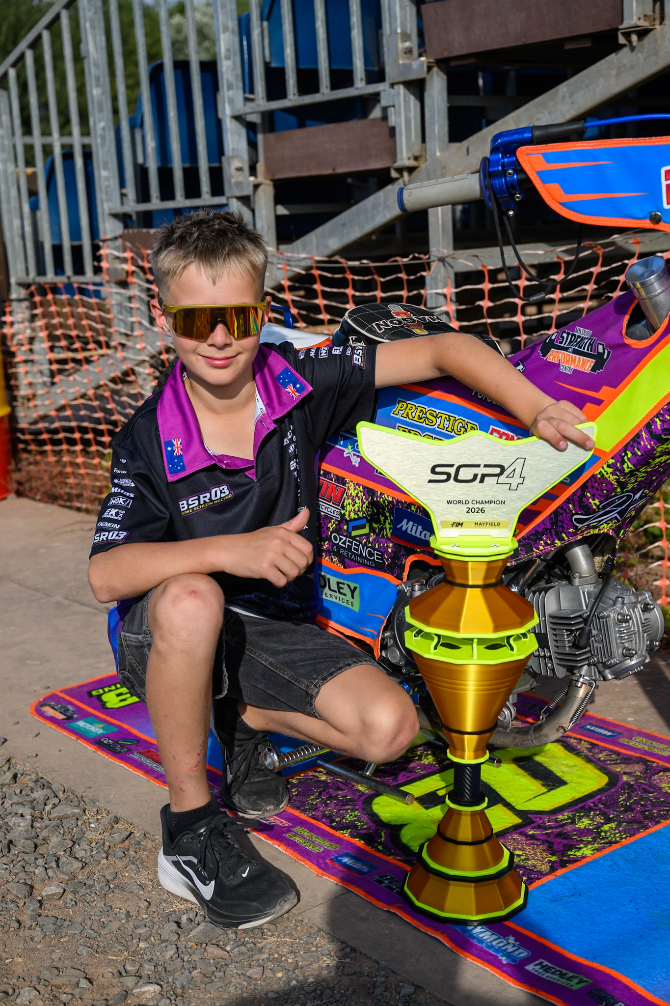SGP 4 World Champion, Blake Schlein from Australia with his trophy during the Rowe Motor Oil Premiership match between Leicester Lions and Belle Vue Aces at the Hydroscan Arena, Leicester on Thursday 23rd July 2026. (Photo: Ian Charles | MI News)