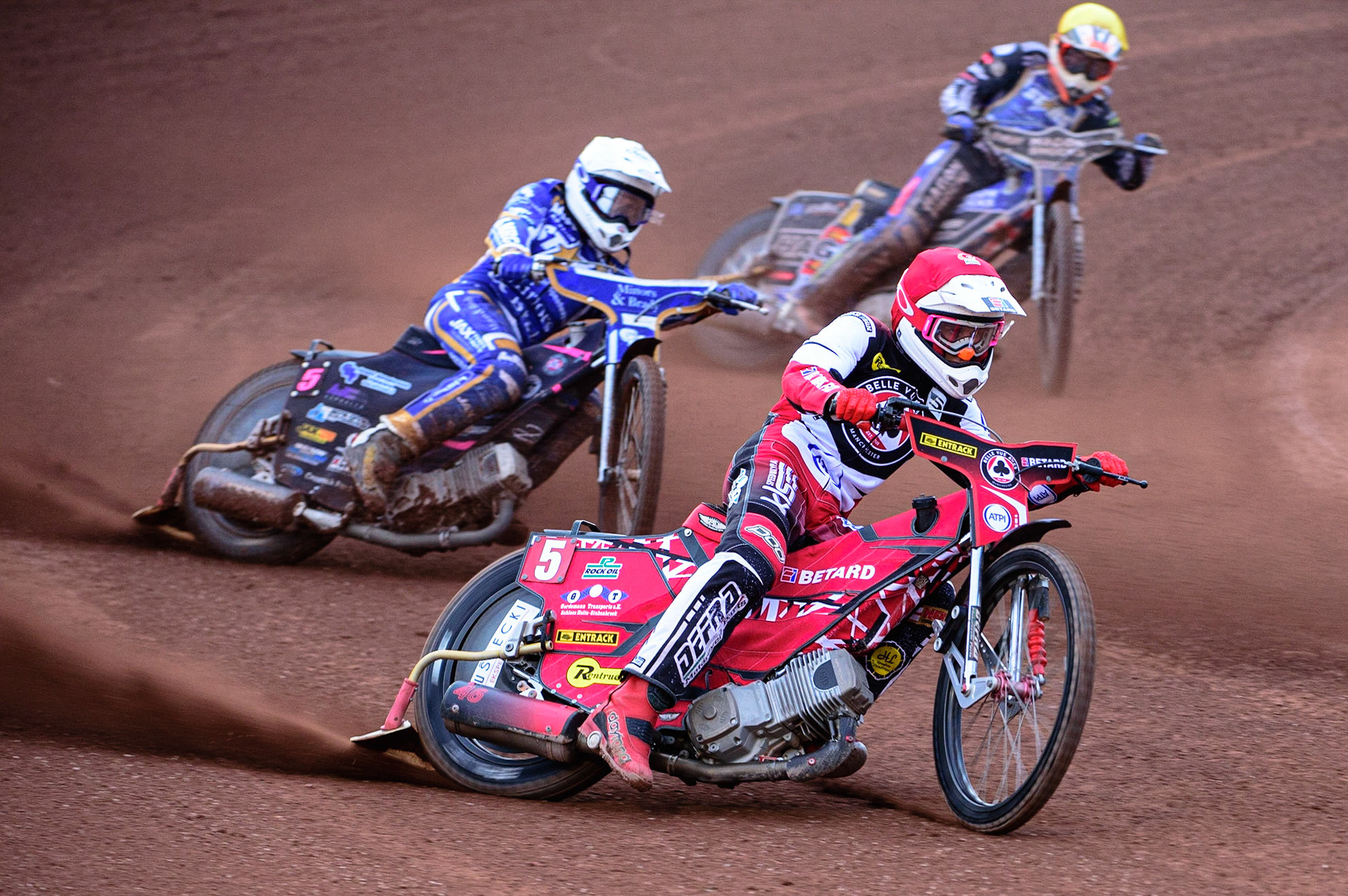 MANCHESTER UK  Max Fricke  (Red) leads Josh Pickering  (White) and Jason Edwards  (Yellow) during the SGB Premiership match between Belle Vue Aces and King's Lynn Stars at the National Speedway Stadium, Manchester on Monday 11th July 2022. (Credit: Ian Charles | MI News)