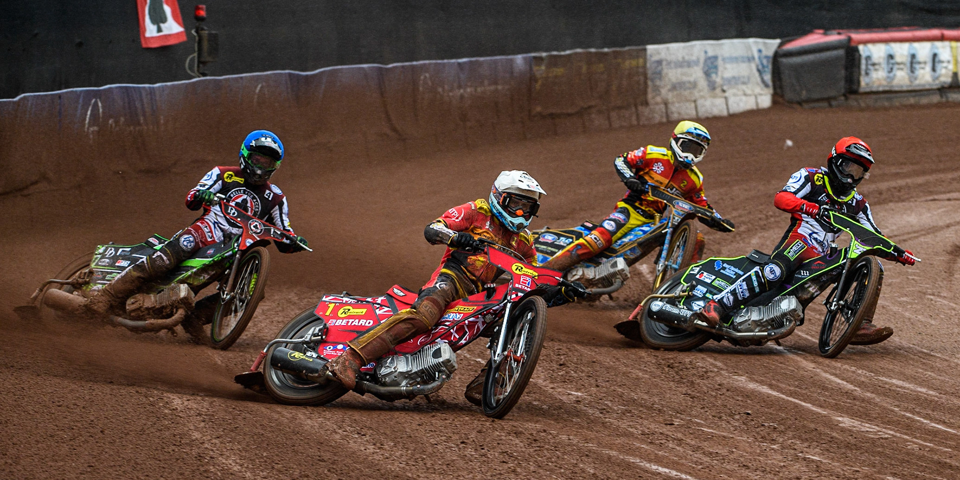Max Fricke (White) leads Tom Brennan (Red) Charles Wright   (Blue) and Justin Sedgmen  (Yellow) during the SGB Premiership match between Belle Vue Aces and Leicester Lions at the National Speedway Stadium, Manchester on Monday 1st May 2023. (Photo: Ian Charles | MI News)