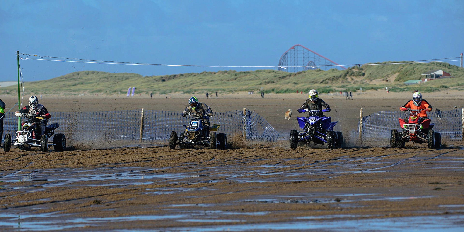 (l - r) Dean Morford (3), Paul Munnery (5), Lance Hoadley (51) and Matt Alberti (36) leave the start line during the Fylde ACU British Sand Racing Masters Championship on  Sunday 2nd October 2022. (Credit: Ian Charles | MI News)