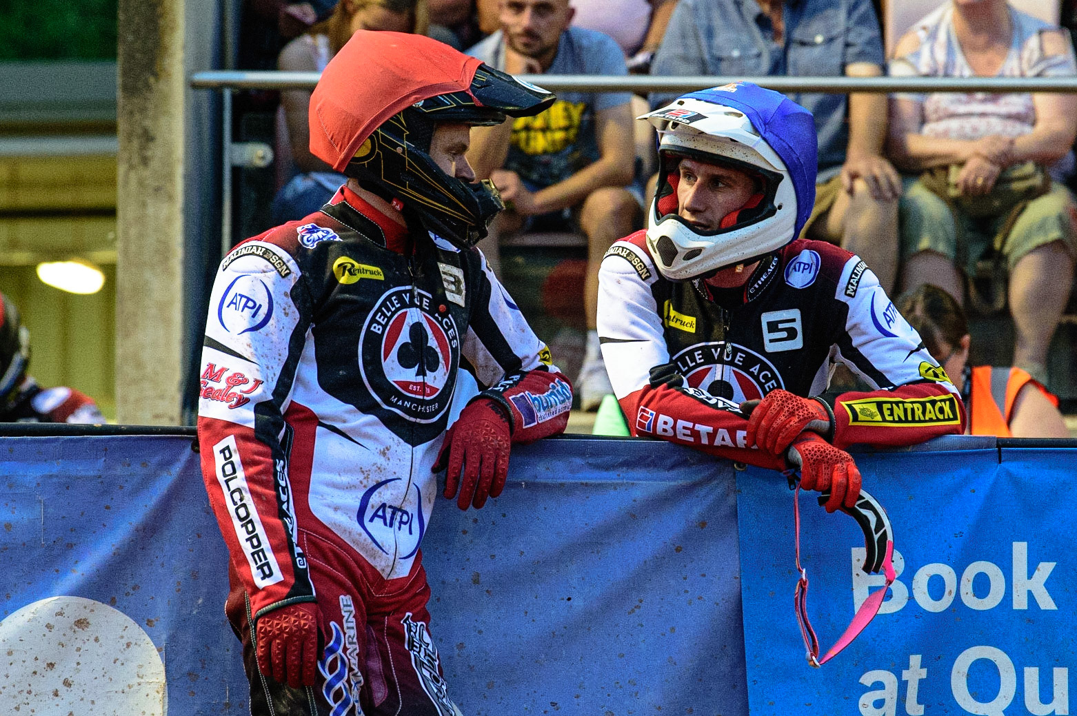 MANCHESTER UK  Brady Kurtz  (left) chats with team mate Max Fricke  during the SGB Premiership match between Belle Vue Aces and King's Lynn Stars at the National Speedway Stadium, Manchester on Monday 11th July 2022. (Credit: Ian Charles | MI News)
