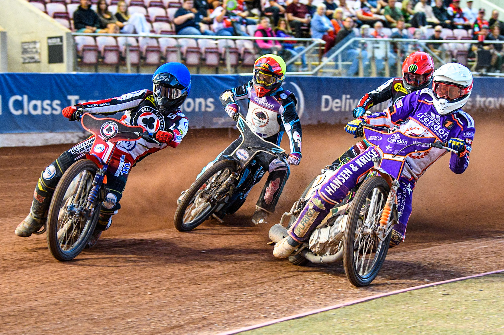 Niels-Kristian Iversen  (White) inside Brady Kurtz (Blue) with Jaimon Lidsey (Red) and Vadim Tarasenko (Yellow) behind during the Sports Insure Premiership match between Belle Vue Aces and Peterborough at the National Speedway Stadium, Manchester on Monday 19th June 2023. (Photo: Ian Charles | MI News)