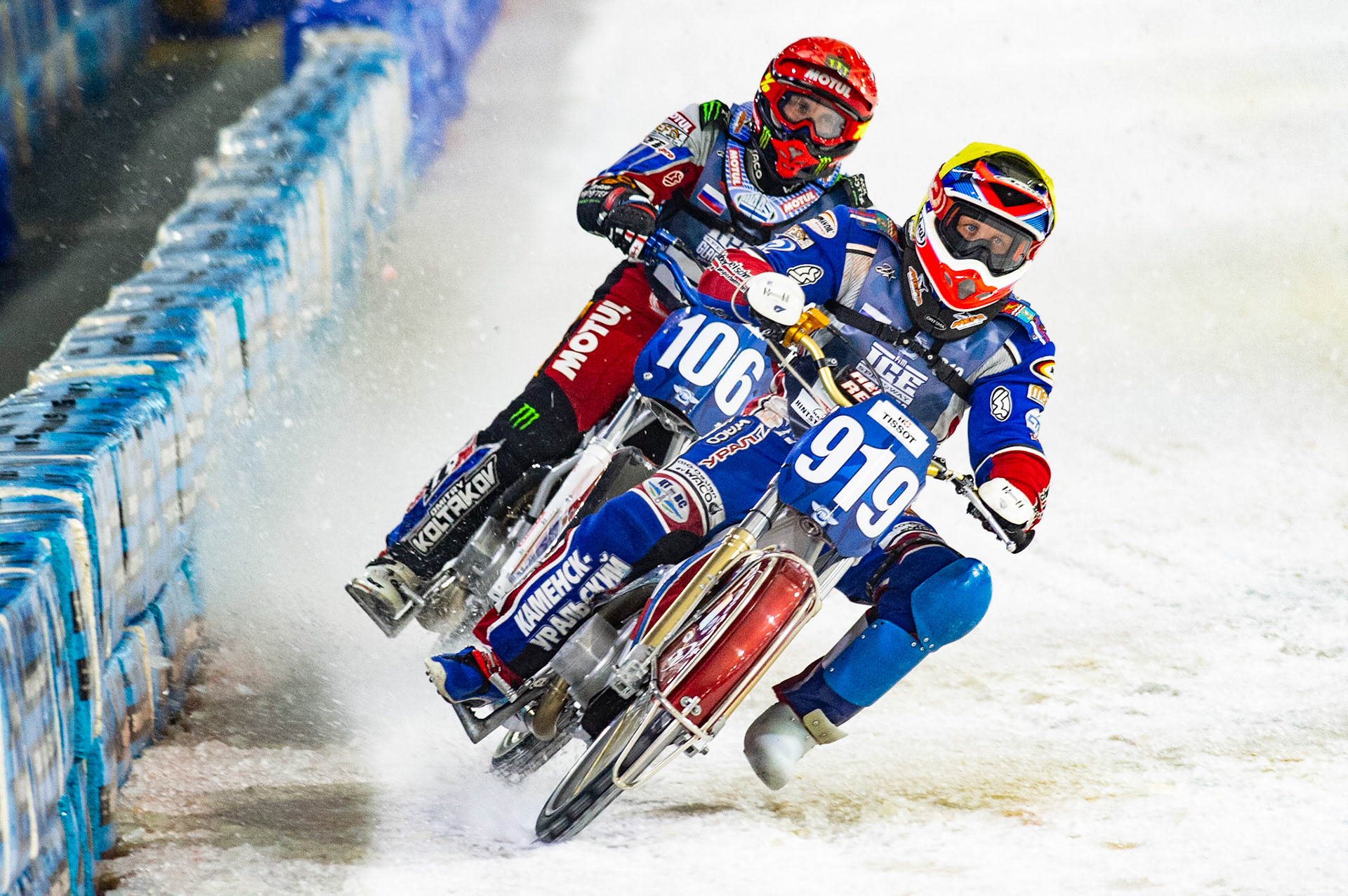 Photo: Ian Charles

Dmitri Khomitsevich (919) leads Dmitri Koltakov (106)

FIM Ice Speedway Gladiators World Championship, Event 5.2, Ice Rink Thialf, Heerenveen, Netherlands Sunday  31  March  2019