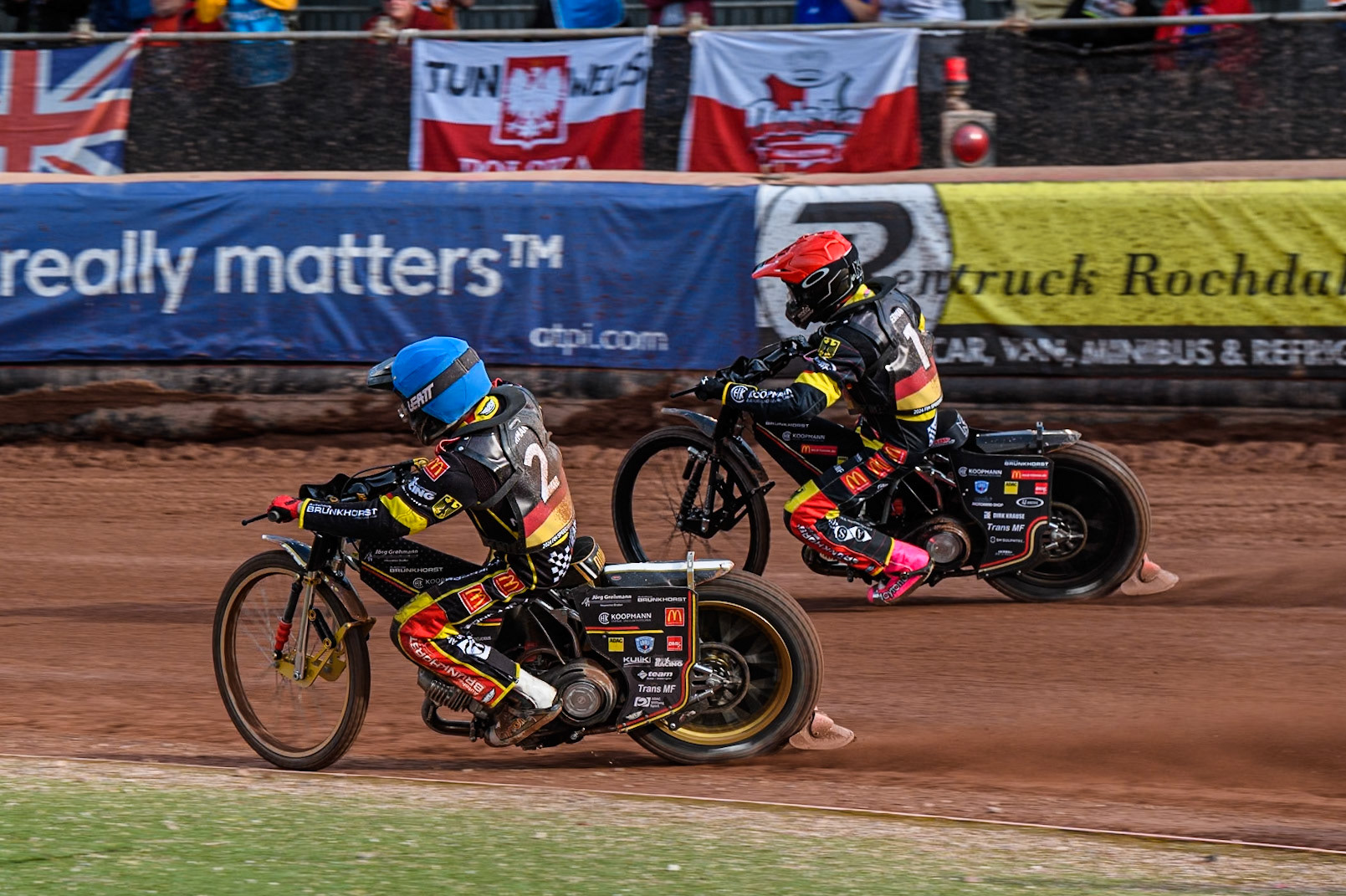 Norick Blödorn of Germany rides inside team mate Kai Huckenbeck during the Monster Energy FIM Speedway of Nation Final at the National Speedway Stadium, Manchester on Saturday 13th July 2024. (Photo: Ian Charles | MI News)