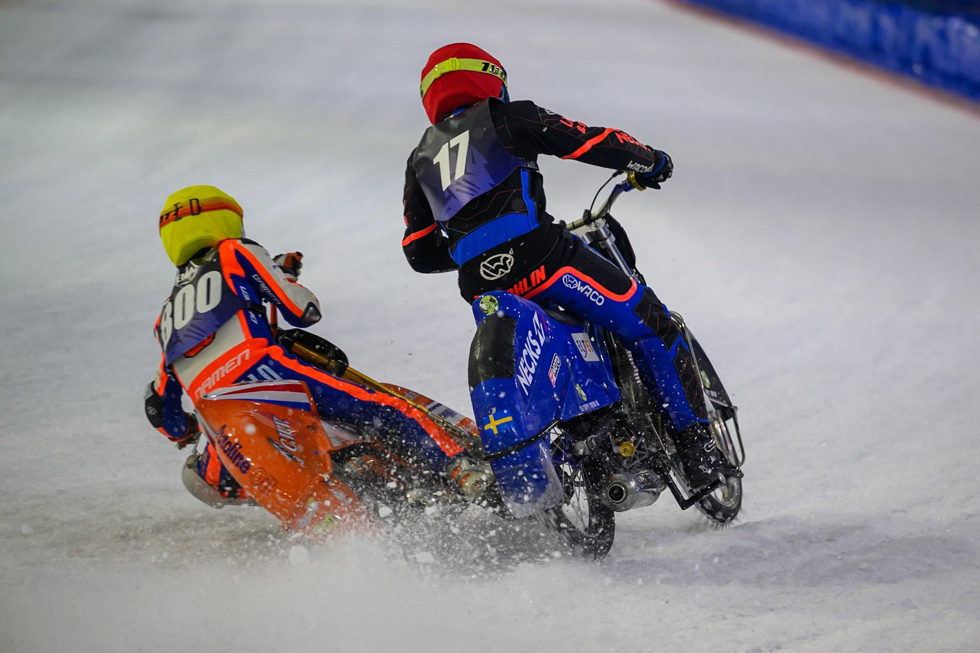 Jasper Iwema (800) of The Netherlands  in Yellow forces his way past Melwyn Bjorklin (17) of Sweden  in Red during the FIM Ice Speedway Gladiators World Championship Final 3 at Ice Rink Thialf, Heerenveen on Saturday 11th April 2026. (Photo: Ian Charles | MI News)