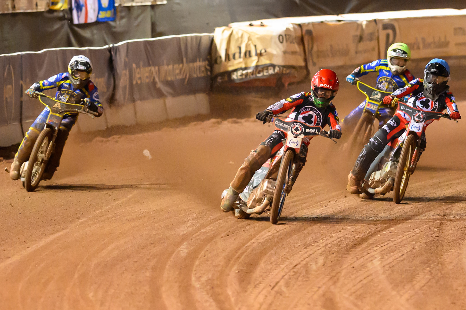 Brady Kurtz of Belle Vue Aces  in Red leading Josh Pickering of Sheffield Tigers in White , Norick Blodorn of Belle Vue Aces in Blue  and Jye Etheridge of Sheffield Tigers in Yellow  during the Rowe Motor Oil Premiership Grand Final 2nd Leg between Belle Vue Aces and Sheffield Tigers at the National Speedway Stadium, Manchester on Friday 16th October 2026. (Photo: Ian Charles | MI News)