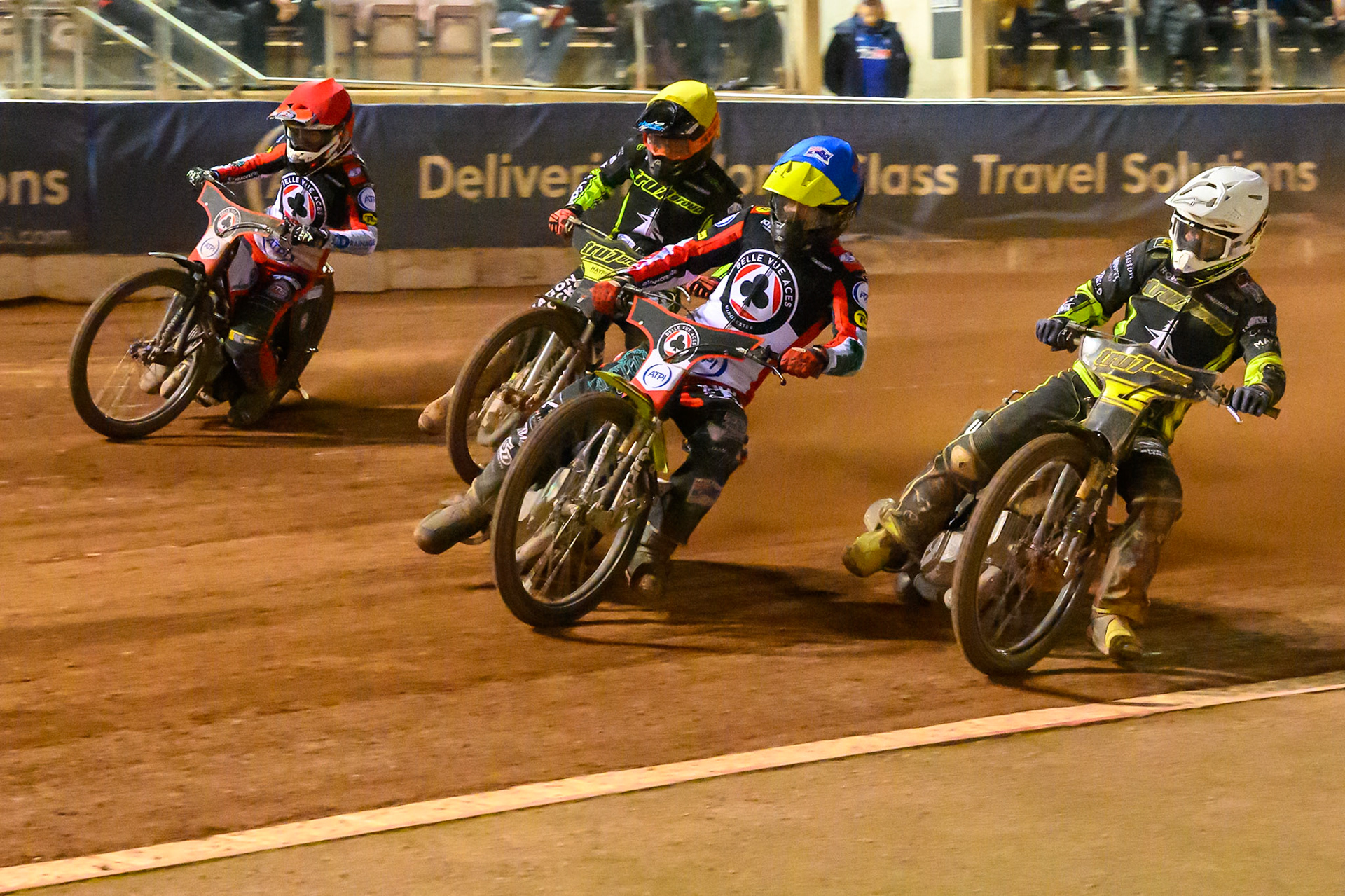 Tate Zischke of Belle Vue Aces  in Blue leading Tom Brennan of Ipswich Witches in White , Jason Edwards of Ipswich Witches in Yellow  and Zach Cook of Belle Vue Aces in Red during the Rowe Motor Oil Premiership Play Off Semi Final 2nd leg match between Belle Vue Aces and Ipswich Witches at the National Speedway Stadium, Manchester on Monday 28th September 2026. (Photo: Ian Charles | MI News)