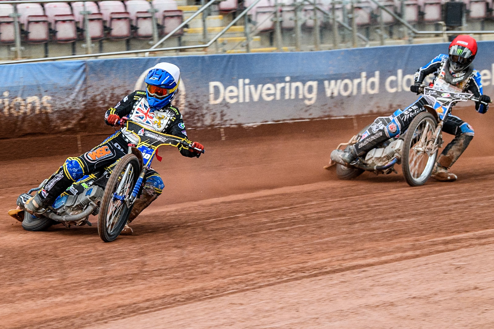 William Hocaniuk  (500cc)  in White leading Liam Cox (500cc)   in Blue during the British Youth 500cc Championships at the National Speedway Stadium, Manchester on Friday 2nd August 2024. (Photo: Ian Charles | MI News)