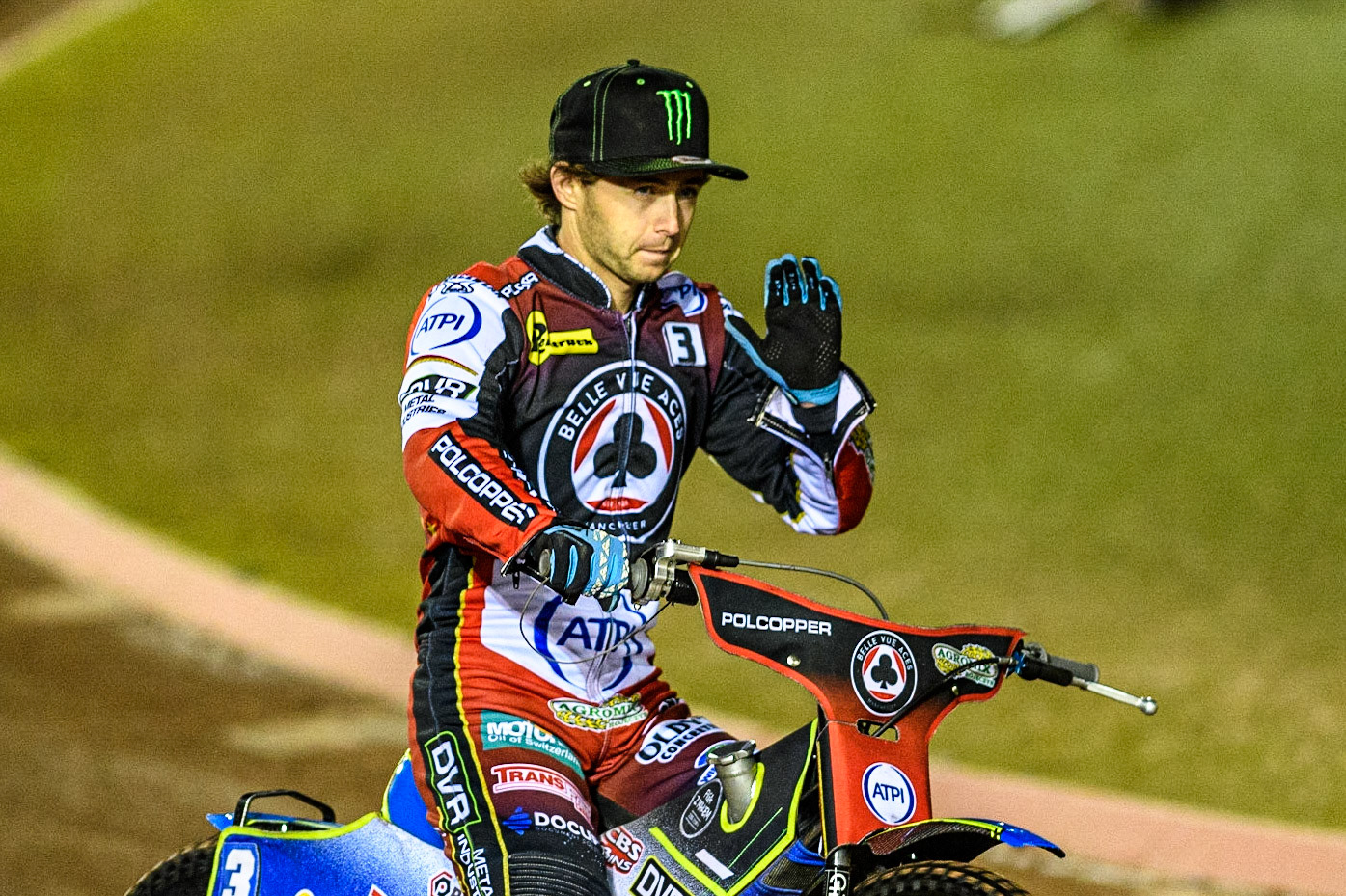 Danny King on the pre meeting parade during the Sports Insure Premiership Semi Final Playoff 2nd leg match between Belle Vue Aces and Ipswich Witches at the National Speedway Stadium, Manchester on Monday 25th September 2023. (Photo: Ian Charles | MI News)
