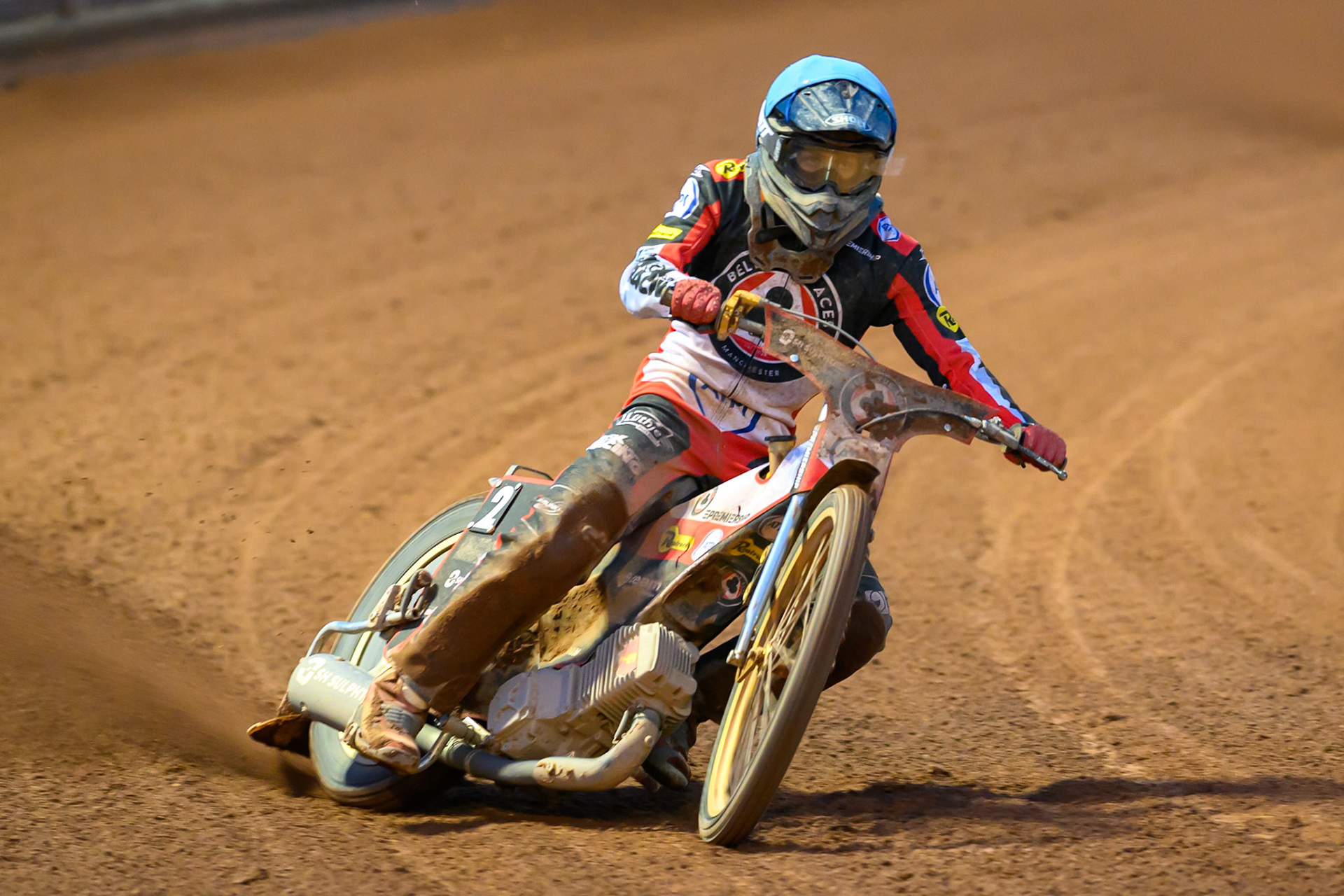 Norick Blödorn of Belle Vue Aces  in Blue during the Rowe Motor Oil Premiership match between Belle Vue Aces and Ipswich Witches at the National Speedway Stadium, Manchester on Monday 20th April 2026. (Photo: Ian Charles | MI News)