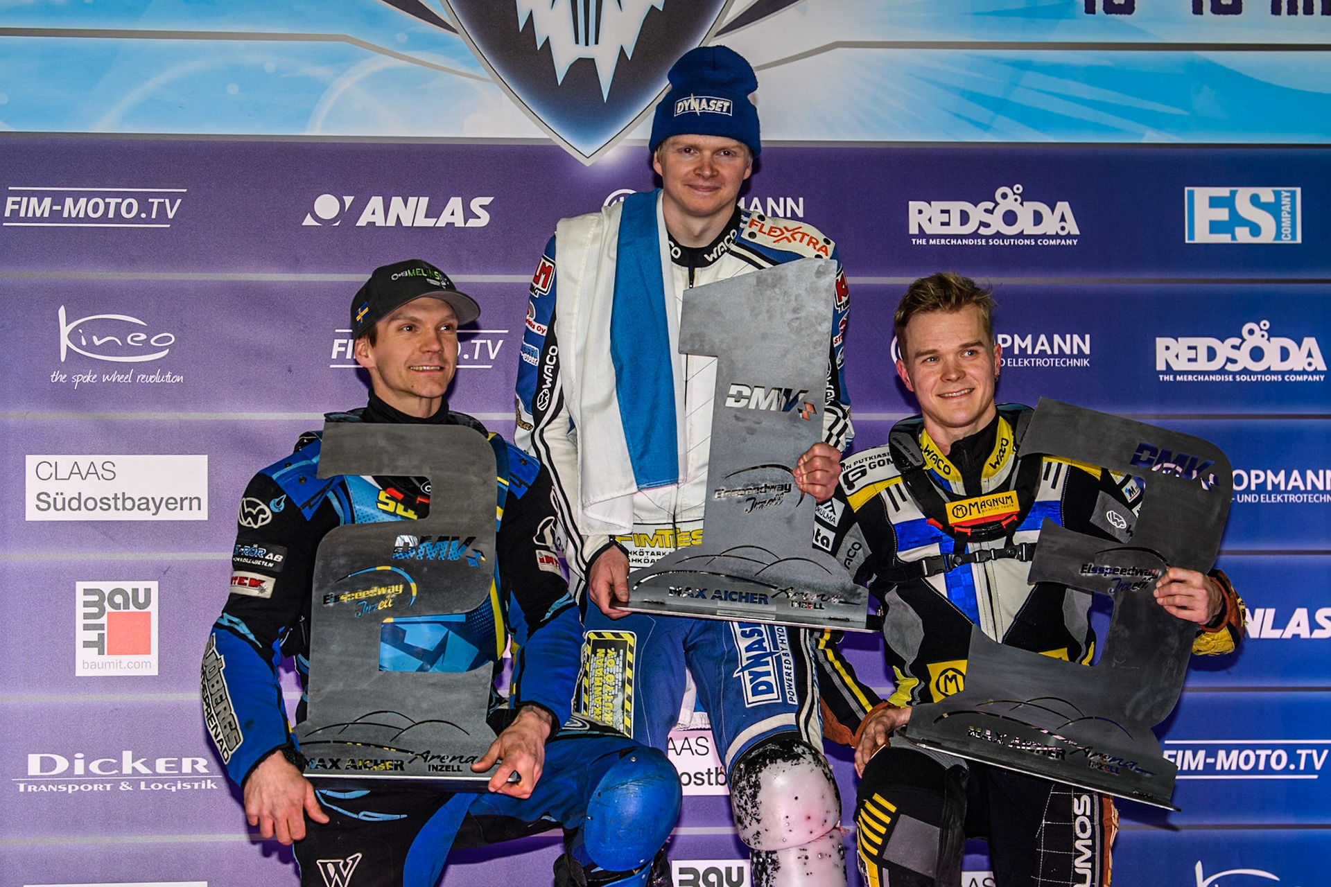 Saturday’s Top 3: (L to R) Niclas Svensson (2nd), Max Koivula (24) (Winner), Heikki Huusko (3rd) during the Ice Speedway Gladiators World Championship Final 1 at Max-Aicher-Arena, Inzell on Saturday 15th March 2025. (Photo: Ian Charles | MI News)