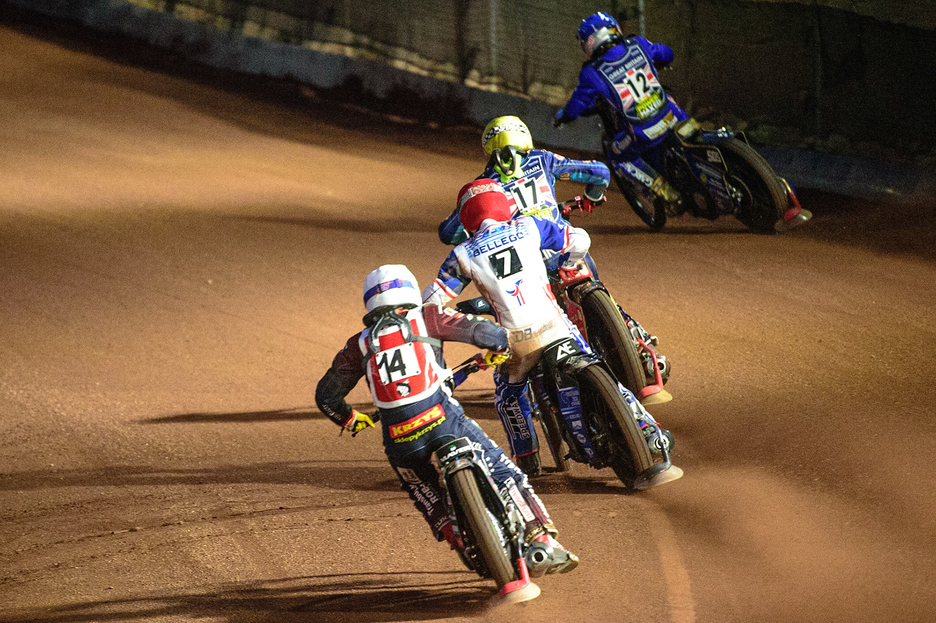 Dominik Kubera (Poland) (White) chases David Bellego (France) (Red) Drew Kemp (Great Britain) (Yellow) and Robert Lambert (Great Britain) (Blue)  during the FIM Speedway Grand Prix Challenge at the Peugeot Ashfield Stadium, Glasgow on Saturday 20th August 2022. (Credit: Ian Charles | MI News)