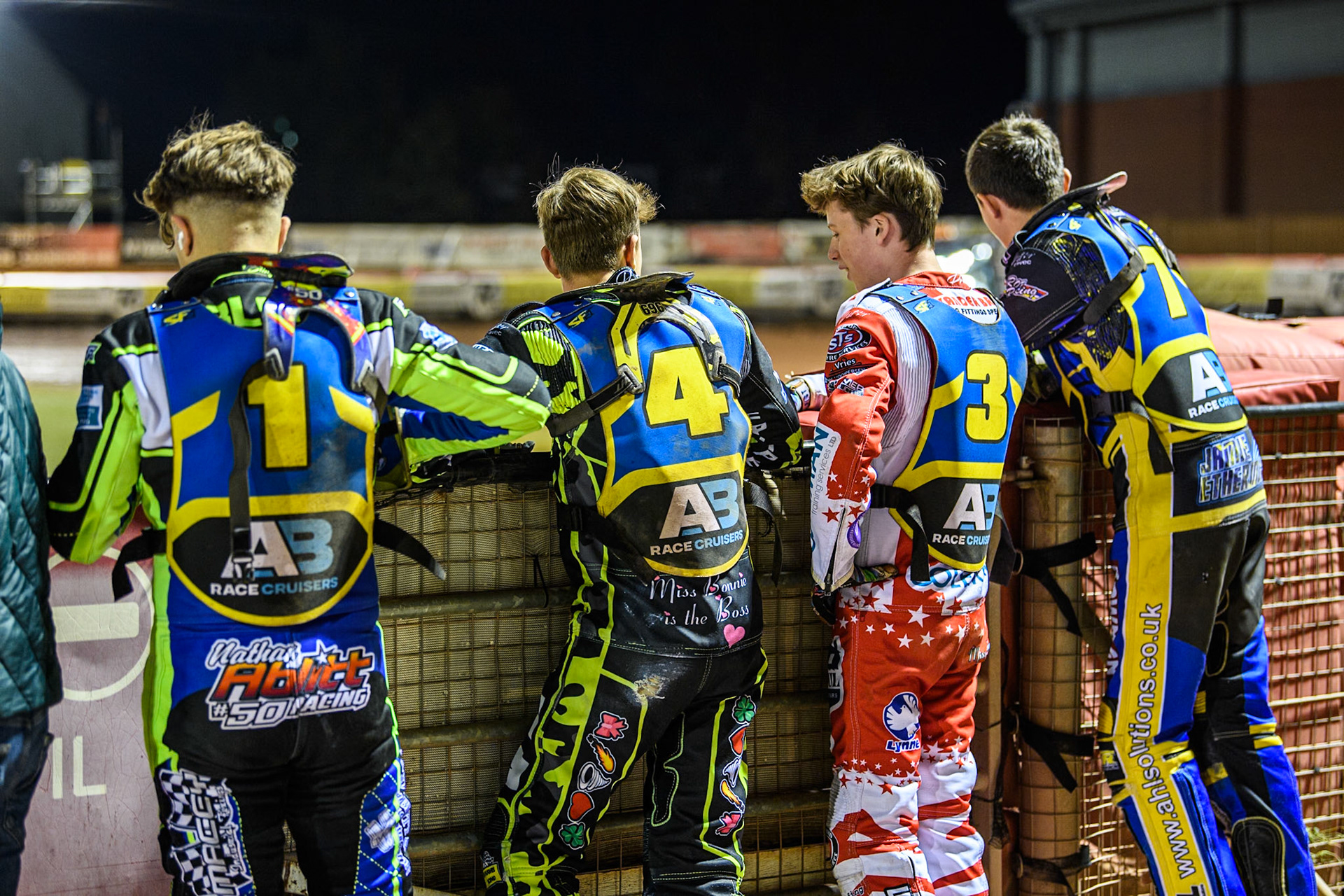 (L to R) Sheffield Cubs' Nathan Ablitt, Ace Pijper, Stene Pijper and  Jamie Etherington watch the track prep during the WSRA National Development League match between Belle Vue Colts and Sheffield Tiger Cubs at the National Speedway Stadium, Manchester on Monday 7th October 2024. (Photo: Ian Charles | MI News)