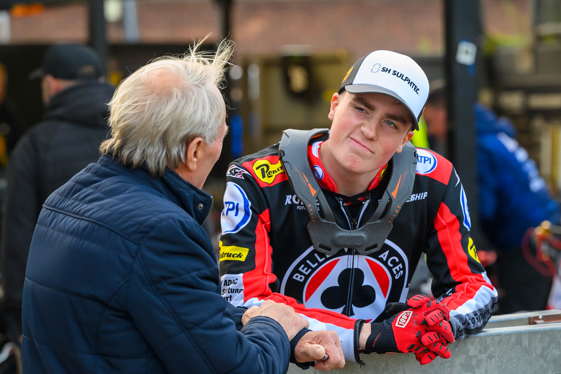Norick Blödorn of Belle Vue Aces (Right)  chats with former Sheffield rider Reg Wilson during the Rowe Motor Oil Premiership match between Sheffield Tigers and Belle Vue Aces at Owlerton Stadium, Sheffield on Monday 31st August 2026. (Photo: Ian Charles | MI News)