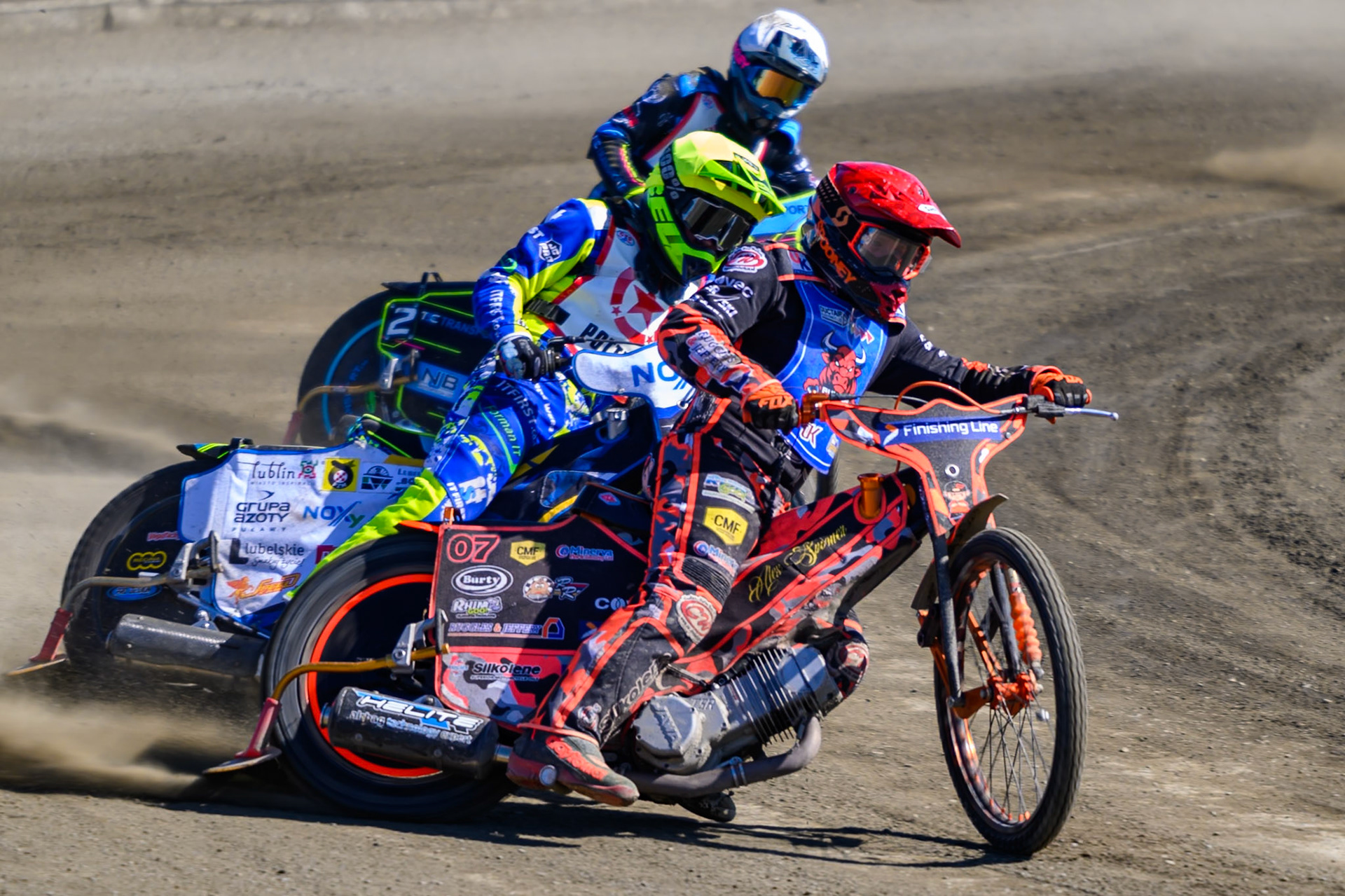Alex Spooner guest rider for Buxton Bulls  in Red leading Will Boraston of Stoke Potters  in Yellow and Eli Meadows of Stoke Potters  in White during the National Development League Challenge match between Buxton Bulls and Stoke Potters at Hi-Edge Speedway, Buxton on Sunday 24th May 2026. (Photo: Ian Charles | MI News)