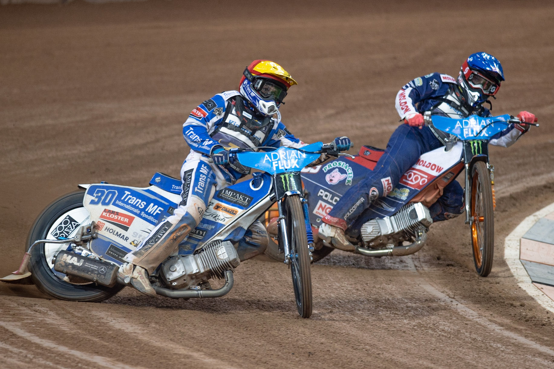 CARDIFF,WALES Leon Madsen (Red) leads 
Emil Saijfutdinov (Blue) in Semi Final 1 during the ADRIAN FLUX BRITISH FIM SPEEDWAY GRAND PRIX at the Principality Stadium, Cardiff on Saturday 21st September 2019. (Credit: Ian Charles | MI News)