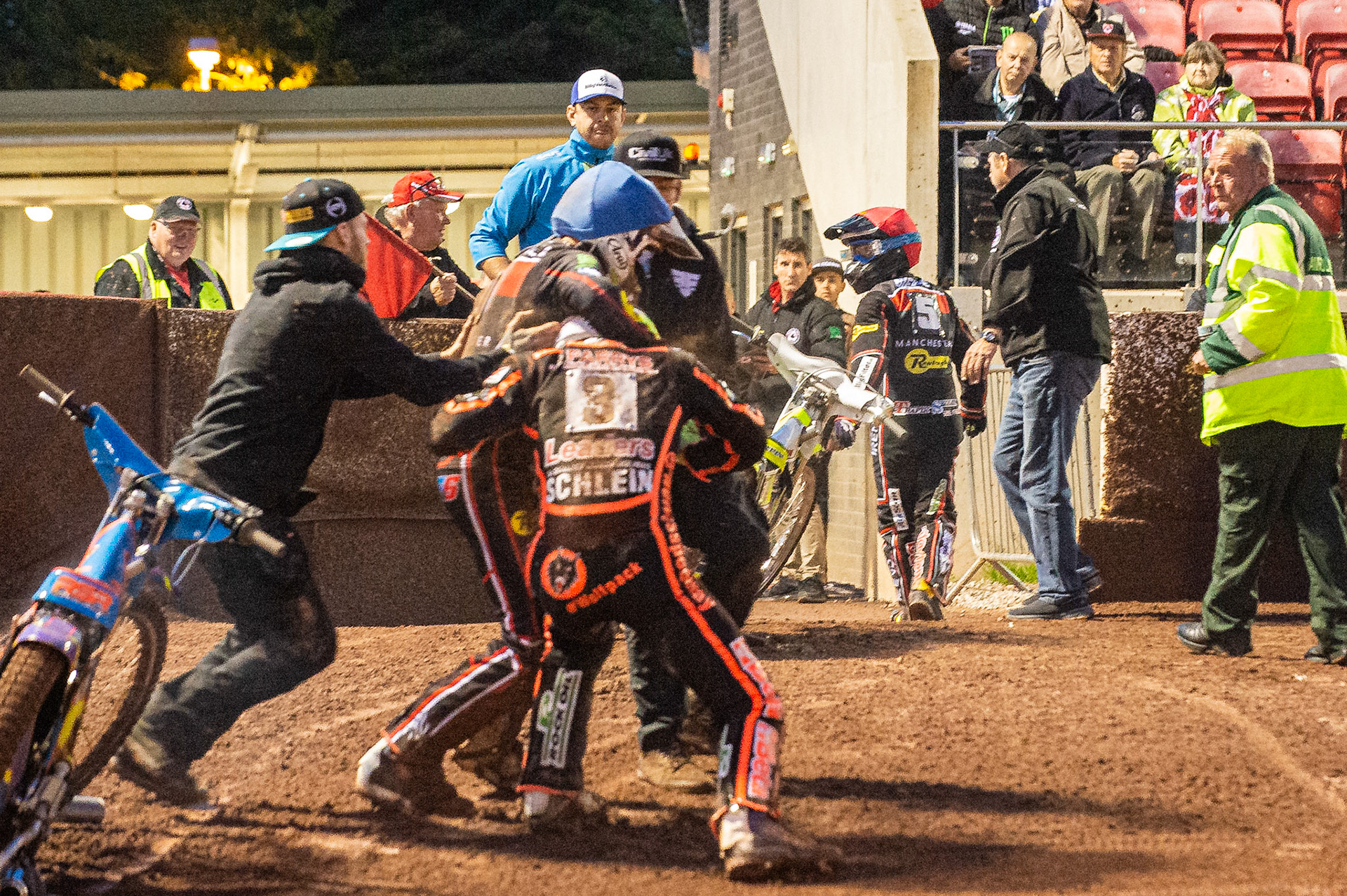 Photo by Ian Charles:

A scuffle breaks out between Rory Schlein  and Steve Worrall  after heat 10 

Belle Vue Aces v Wolverhampton Wolves, SGB Premiership, National Speedway Stadium, Manchester, Monday, 19, August, 2019