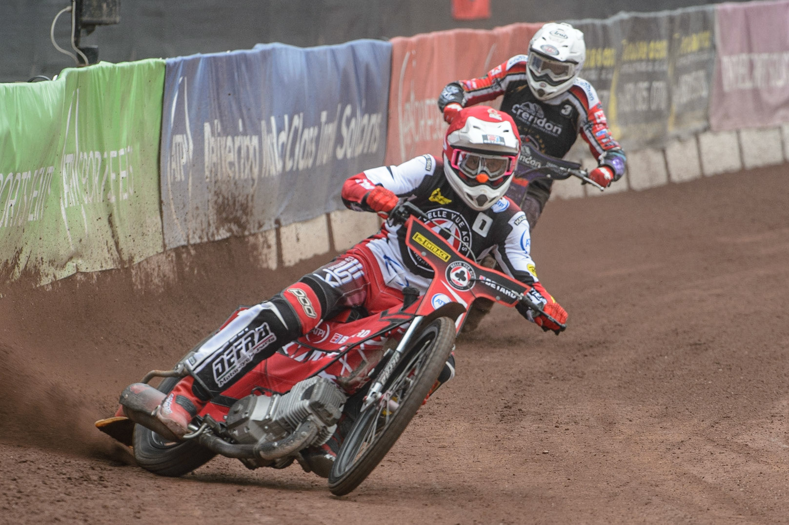 MANCHESTER, UK. MAY 2ND  Max Fricke  (Red) leads Ulrich Ostergaard  (White) during the SGB Premiership match between Belle Vue Aces and Peterborough at the National Speedway Stadium, Manchester on Monday 2nd May 2022. (Credit: Ian Charles | MI News)