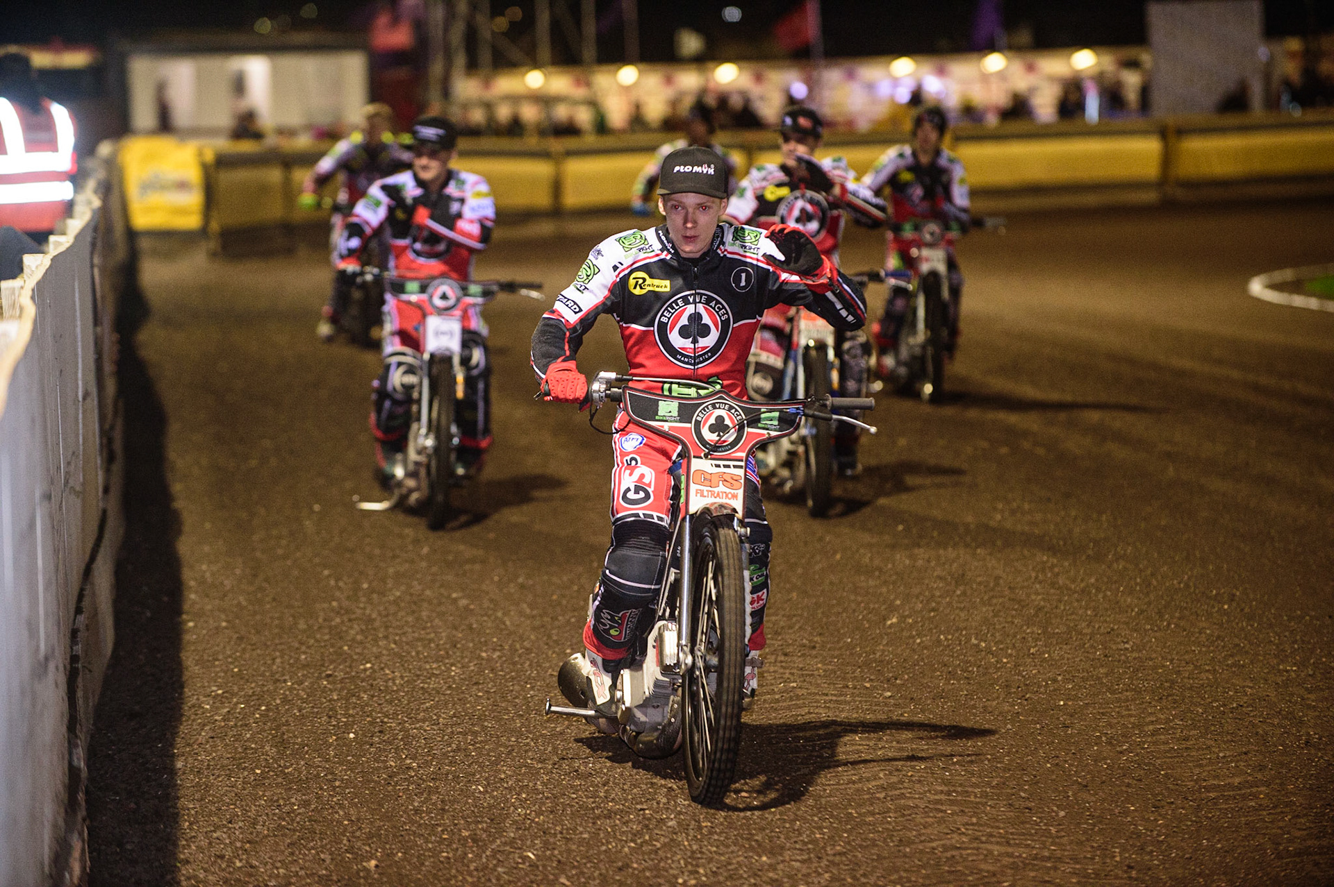 PETERBOROUGH, UK. OCT 14TH Dan Bewley  leads out the Belle Vue BikeRight Aces  on the prematch parade during the SGB Premiership Grand Final 2nd leg between Peterborough and Belle Vue Aces at East of England Showground, Peterborough on Thursday 14th October 2021. (Credit: Ian Charles | MI News)