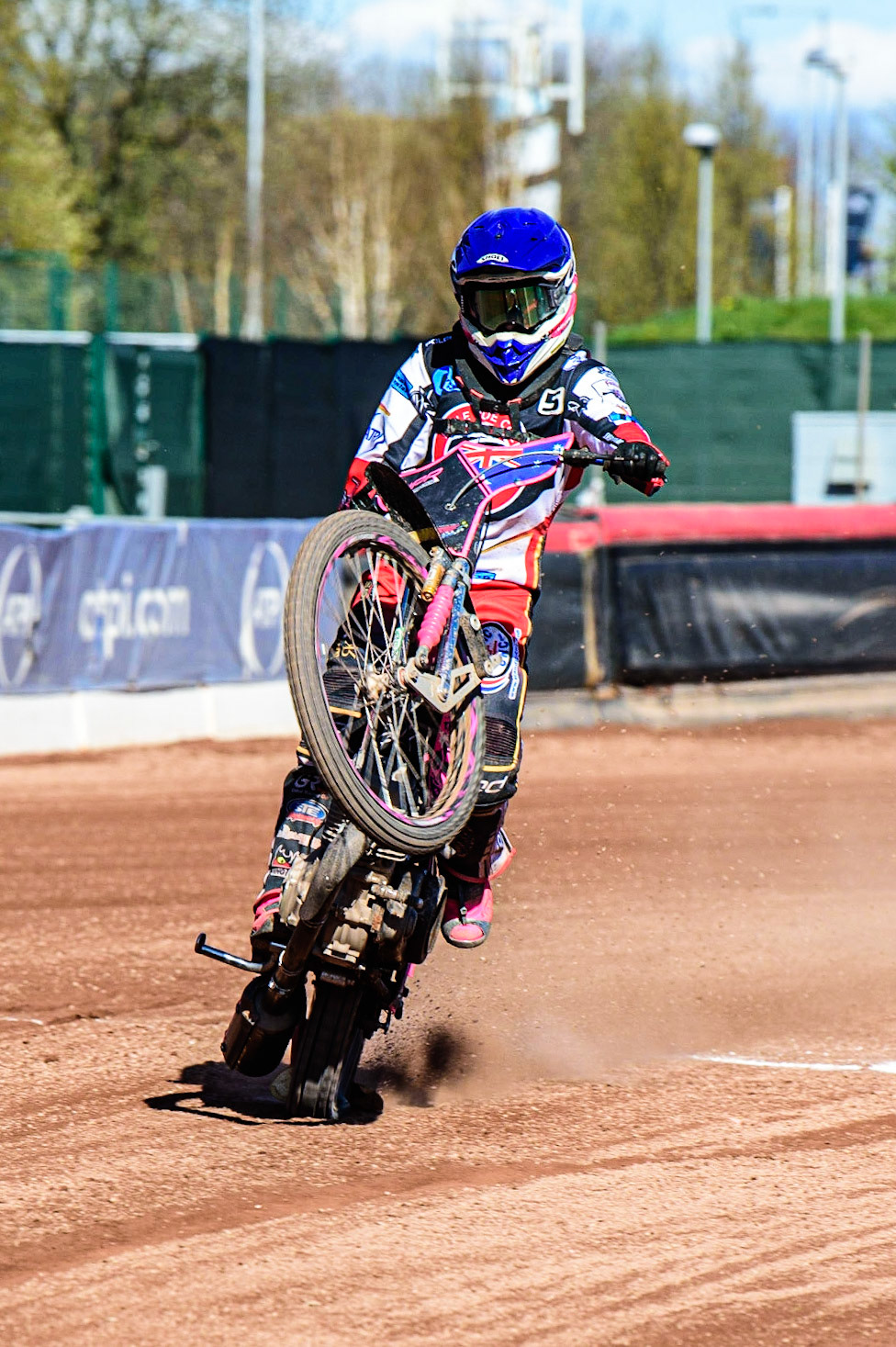 James Pearson   celebrates with a wheelie during the National Development League match between Belle Vue Colts and Berwick Bullets at the National Speedway Stadium, Manchester on Friday 7th April 2023. (Photo: Ian Charles | MI News)