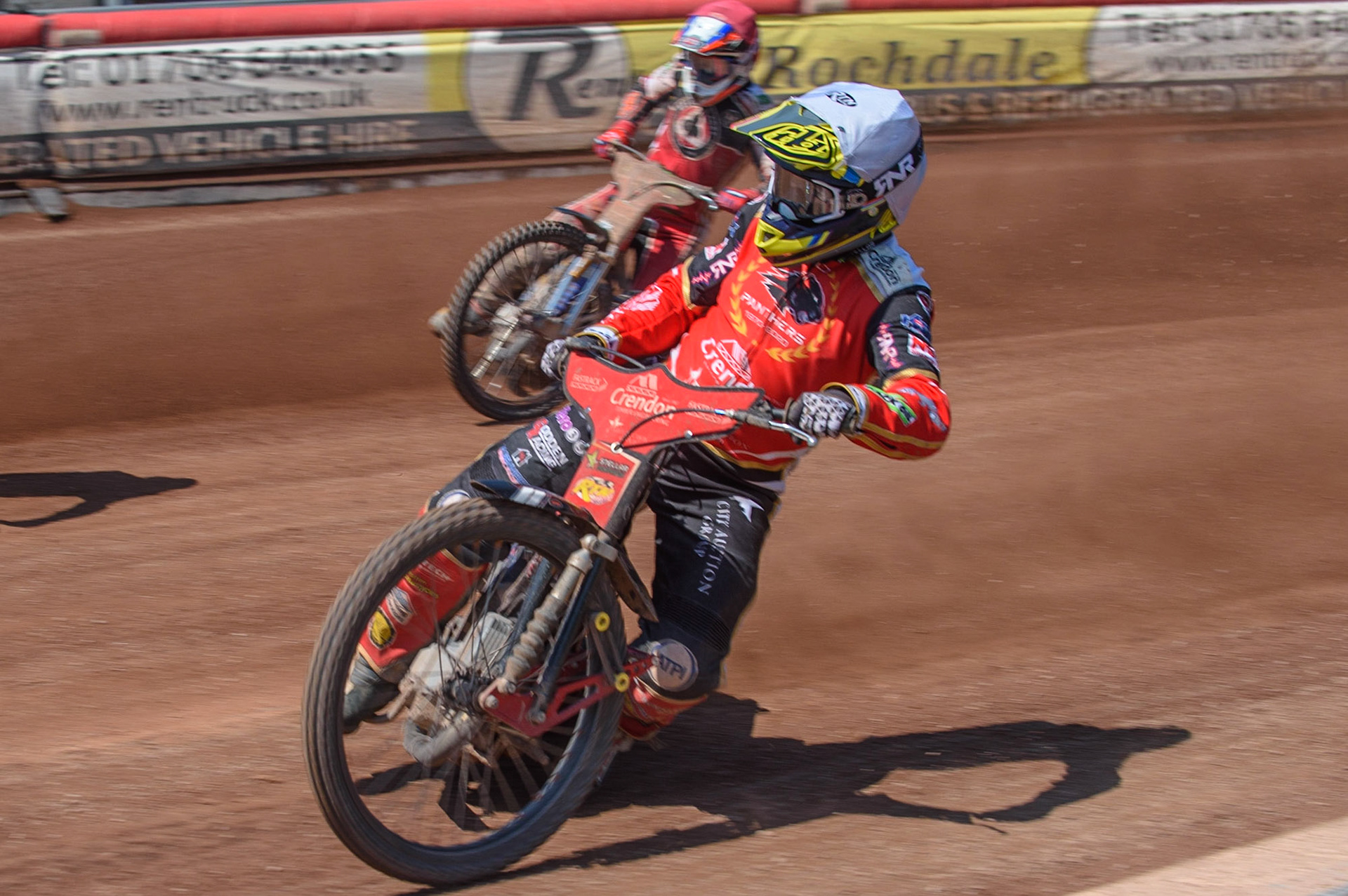 MANCHESTER, UK. MAY 31ST  Scott Nicholls  (White) leads Steve Worrall  (Red) during the SGB Premiership match between Belle Vue Aces and Peterborough at the National Speedway Stadium, Manchester on Monday 31st May 2021. (Credit: Ian Charles | MI News)