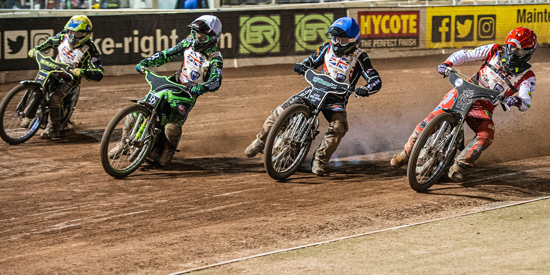 Photo: Ian Charles

British Final first bend (l-r) Chris Harris (Yellow). Charles Wright (White) Danny King (Blue) Craig Cook (Red)

Sports Insure British Final,  Belle Vue National Speedway Stadium, Manchester Monday 29  July  2019