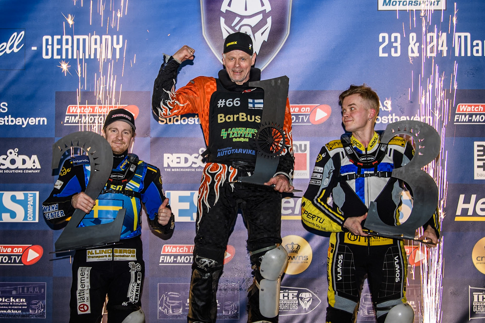 Sunday’s Top 3: (L to R) Sweden's Martin Haarahiltunen (2nd), Finland's Aki Ala-Riihimäki (1st), Finland's Heikki Huusko (3rd) during the FIM Ice Speedway Gladiators World Championship Final 2 at the Max-Aicher-Arena, Inzell on Sunday 24 March 2024. (Photo: Ian Charles | MI News)