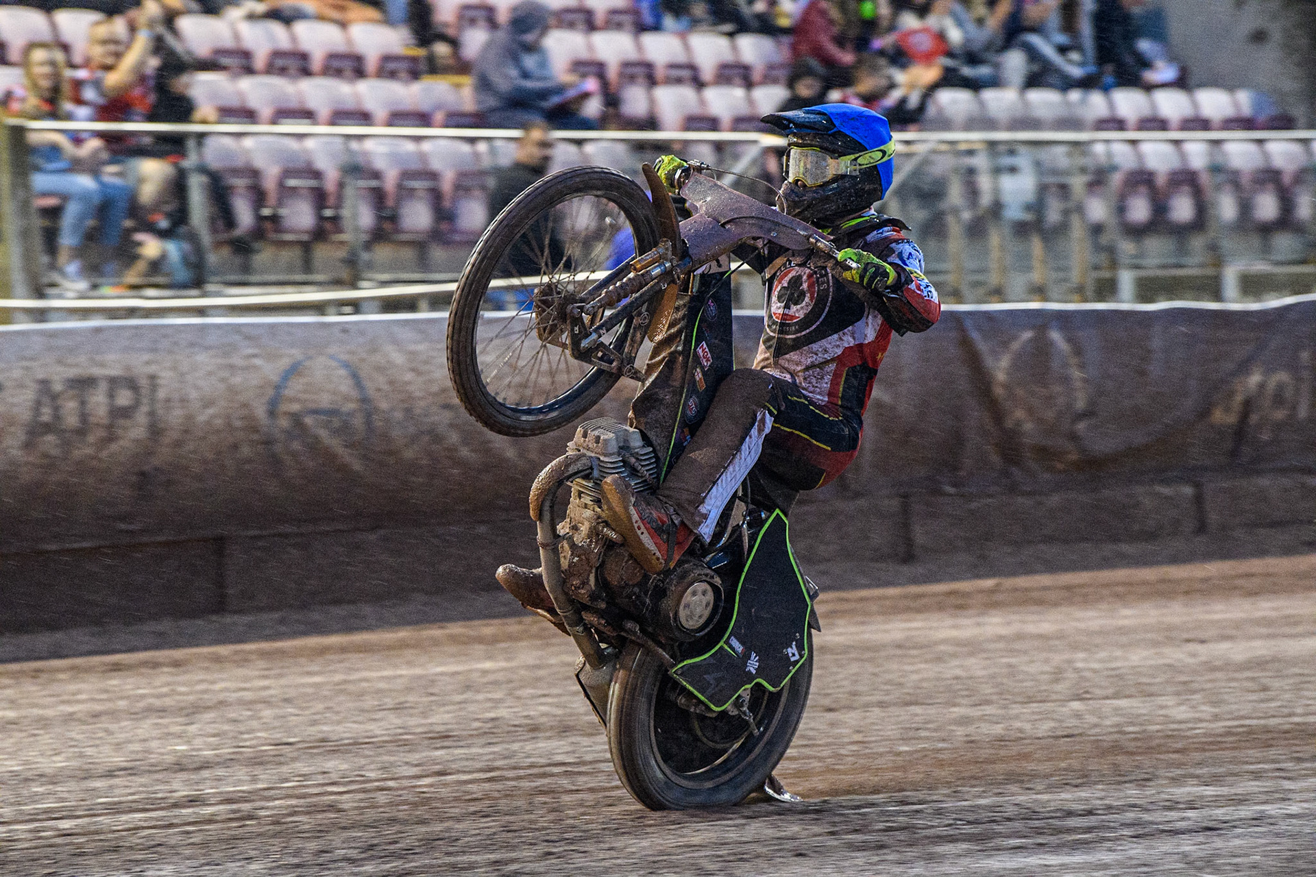 Tom Brennan celebrates with a wheelie during the Sports Insure Premiership match between Belle Vue Aces and King's Lynn Stars at the National Speedway Stadium, Manchester on Monday 21st August 2023. (Photo: Ian Charles | MI News)