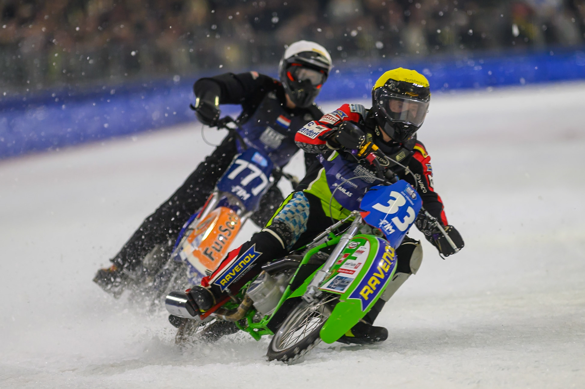 Johann Weber (33) of Germany  in Yellow leading Leon Kramer (777) of The Netherlands  in White during the FIM Ice Speedway Gladiators World Championship Final 3 at Ice Rink Thialf, Heerenveen on Saturday 11th April 2026. (Photo: Ian Charles | MI News)