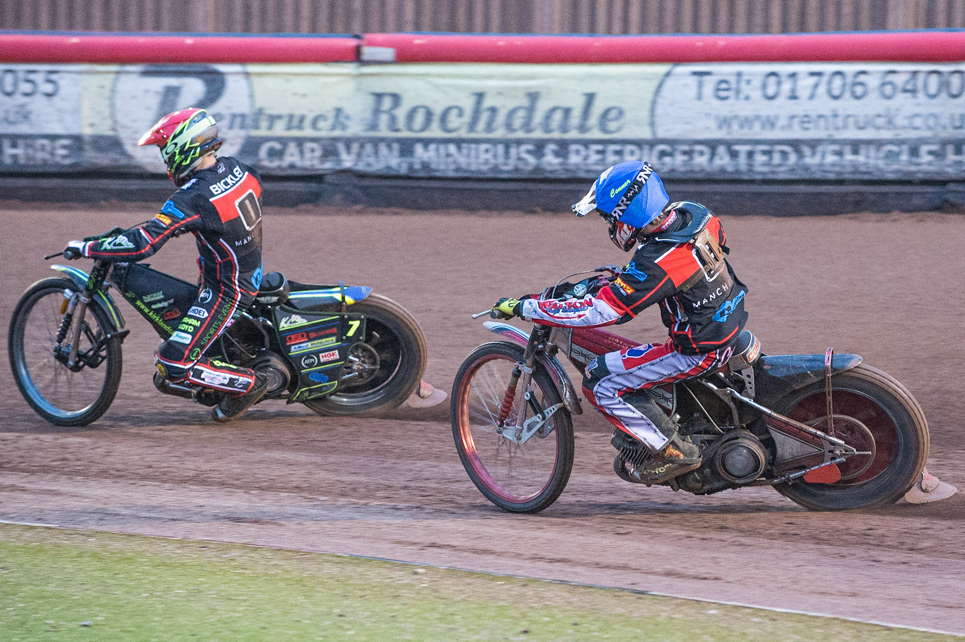 Photo: Ian Charles

Connor Bailey  (Blue) chases Kyle Bickley  (Red)

Belle Vue Colts v Mildenhall Fen Tigers, National League, Belle Vue National Speedway Stadium, Manchester, Monday 2  September  2019