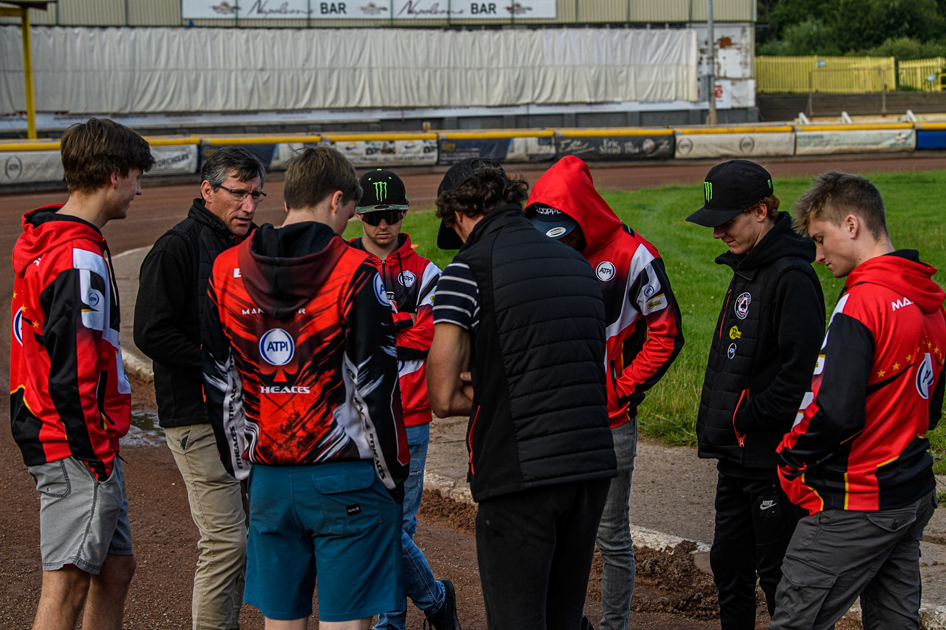 The Belle Vue ATPI Aces hold their track walk discussion during the Sports Insure Premiership match between Sheffield Tigers and Belle Vue Aces at Owlerton Stadium, Sheffield on Thursday 20th July 2023. (Photo: Ian Charles | MI News)