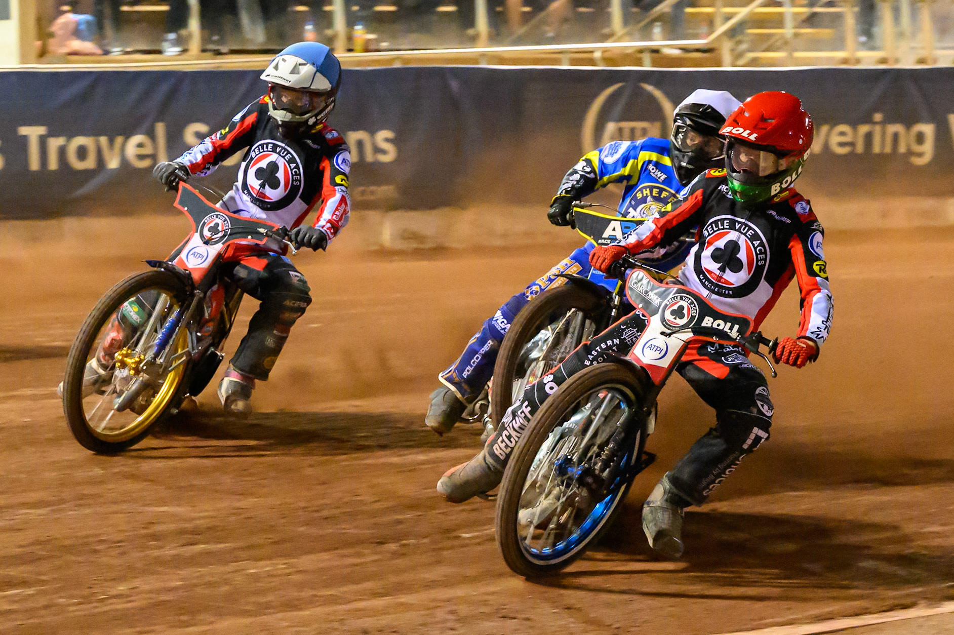 Brady Kurtz of Belle Vue Aces in Red and Jason Doyle of Belle Vue Aces in Blue  leading Ben Cook, Guest Rider for Sheffield Tigers in White during the Rowe Motor Oil Premiership match between Belle Vue Aces and Sheffield Tigers at the National Speedway Stadium, Manchester on Monday 14th September 2026. (Photo: Ian Charles | MI News)