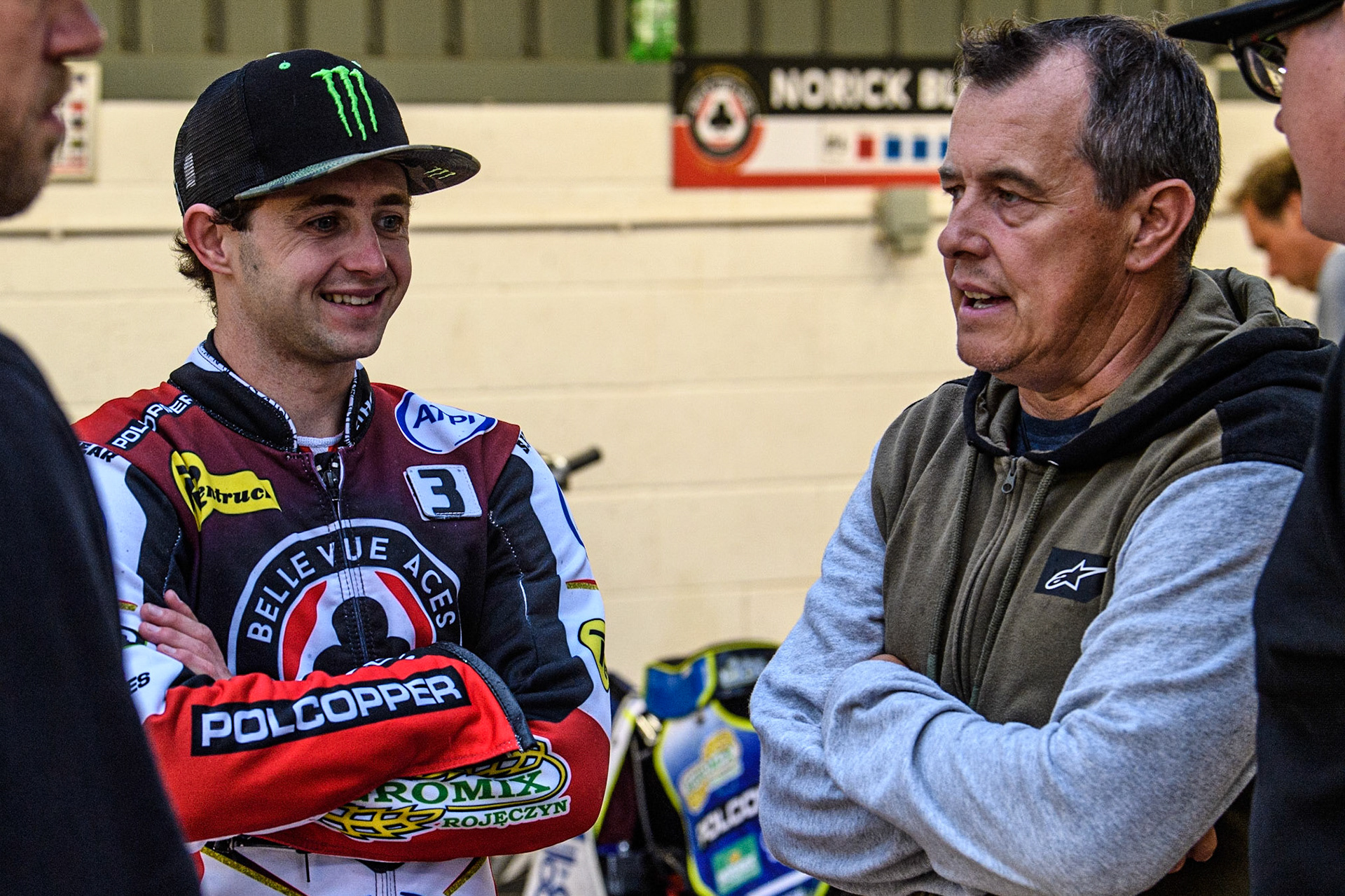 Jaimon Lidsey chats with TT Star John McGuinness (right) during the Sports Insure Premiership match between Belle Vue Aces and King's Lynn Stars at the National Speedway Stadium, Manchester on Monday 12th June 2023. (Photo: Ian Charles | MI News)