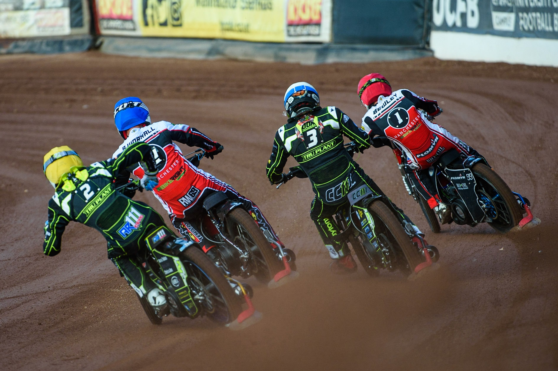 MANCHESTER UKIpswich TruPlant Witches  Anders Rowe (Yellow) and Craig Cook   (White) chase Dan Bewley  (Red) and Richie Worrall   (Blue) during the SGB Premiership match between Belle Vue Aces and Ipswich Witches at the National Speedway Stadium, Manchester on Monday 2nd August 2021. (Credit: Ian Charles | MI News)