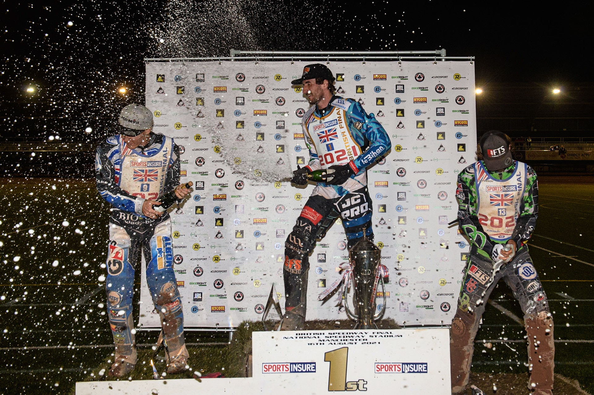 MANCHESTER, UK. AUGUST 16TH   Champagne Capers on the rostrum during the Sports Insure British Speedway Finals at the National Speedway Stadium, Manchester on Monday 16th August 2021. (Credit: Ian Charles | MI News)