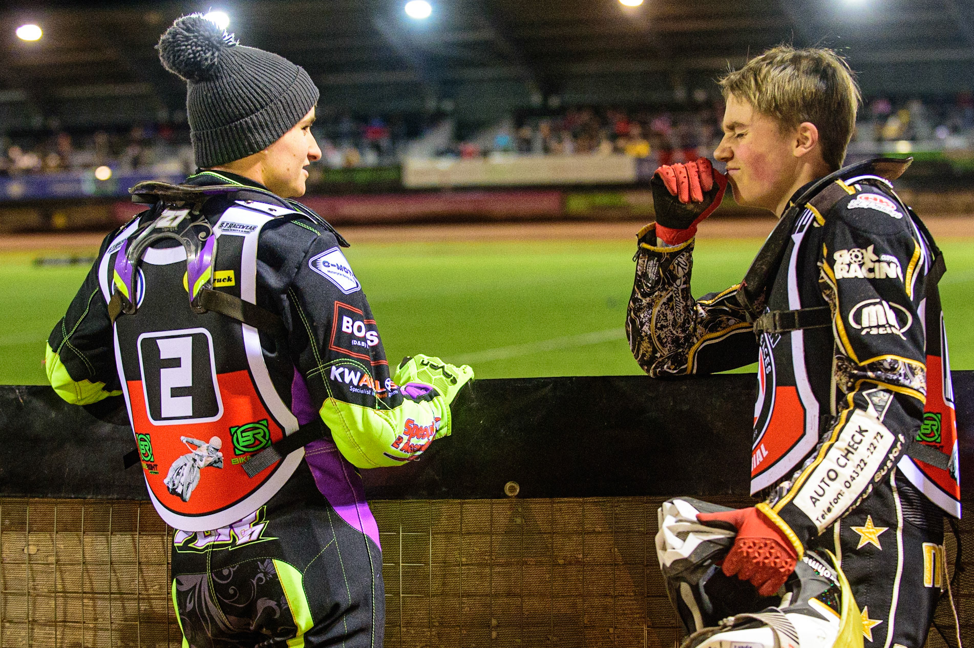 MANCHESTER, UK. OCT 23RD  Tom Brennan  (left) chats with fellow under 21 rider Nick Blödorn  during the Peter Craven Memorial Trophy event at the National Speedway Stadium, Manchester on Saturday 23rd October 2021. (Credit: Ian Charles | MI News)