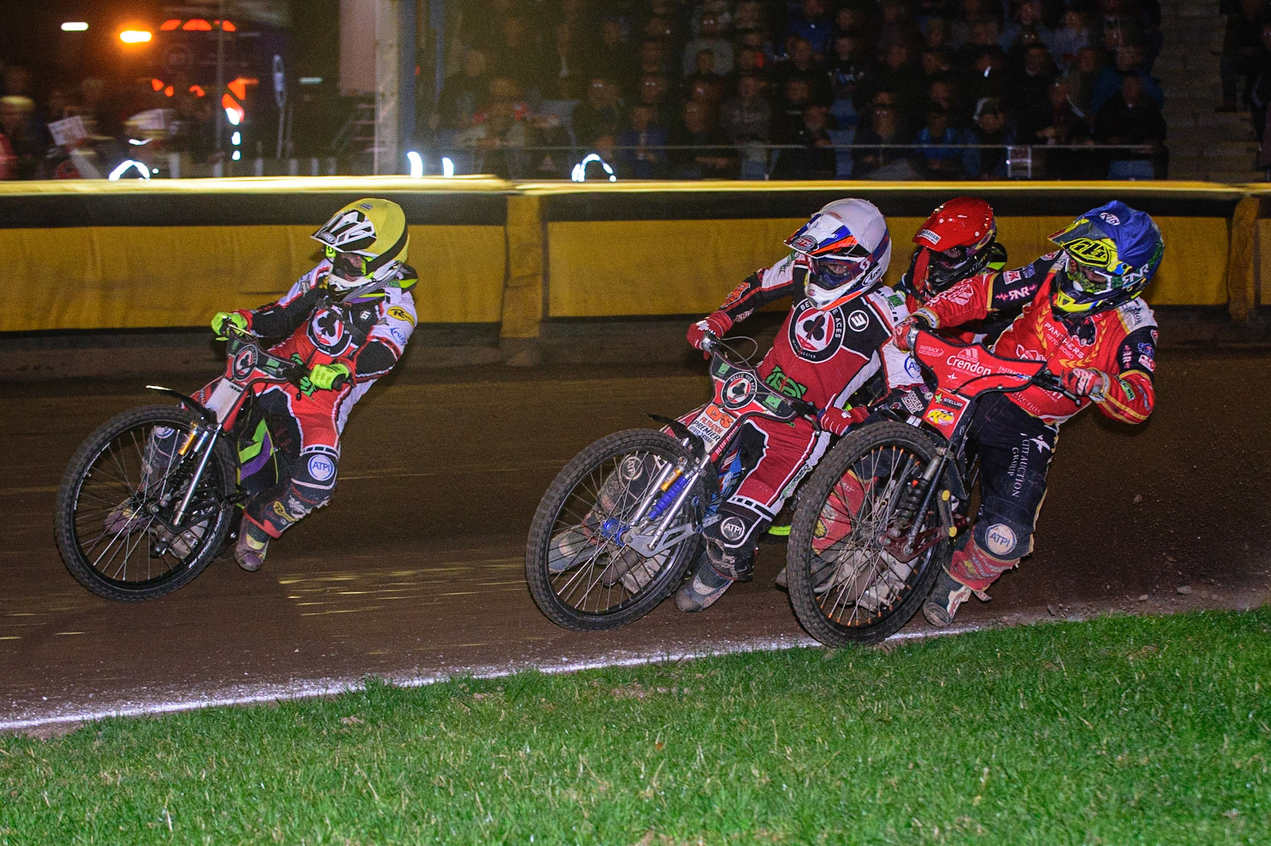 PETERBOROUGH, UK. OCT 14TH Tom Brennan   (Yellow) and Steve Worrall   (White) lead Scott Nicholls  (Blue) and Craig Cook (Red) during the SGB Premiership Grand Final 2nd leg between Peterborough and Belle Vue Aces at East of England Showground, Peterborough on Thursday 14th October 2021. (Credit: Ian Charles | MI News)