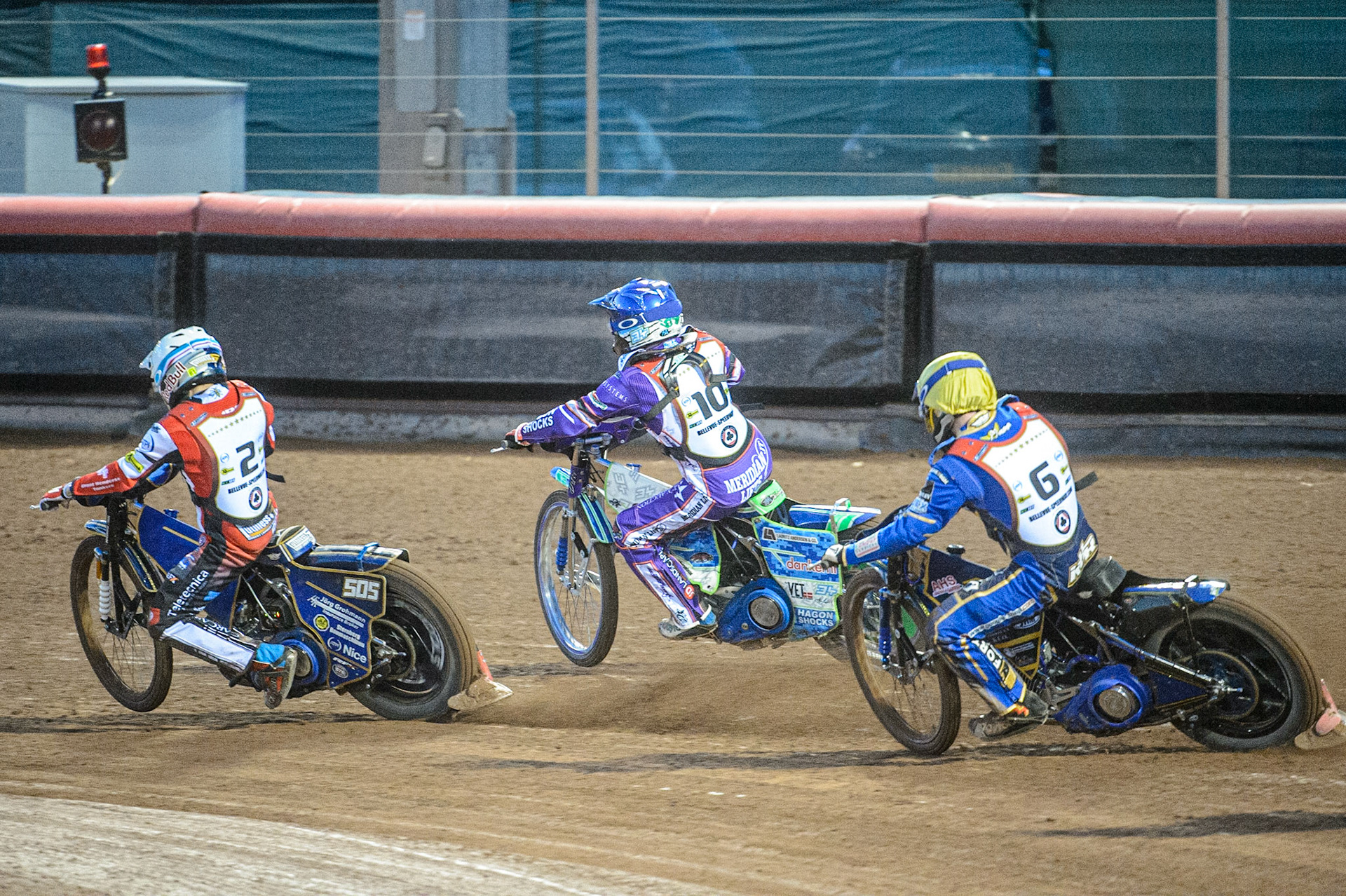Robert Lambert  (White) leads Hans Andersen  (Blue) and Kyle Howarth  (Yellow) during the Peter Craven Memorial Trophy  at the National Speedway Stadium, Manchester on Monday 3rd April 2023. (Photo: Ian Charles | MI News)