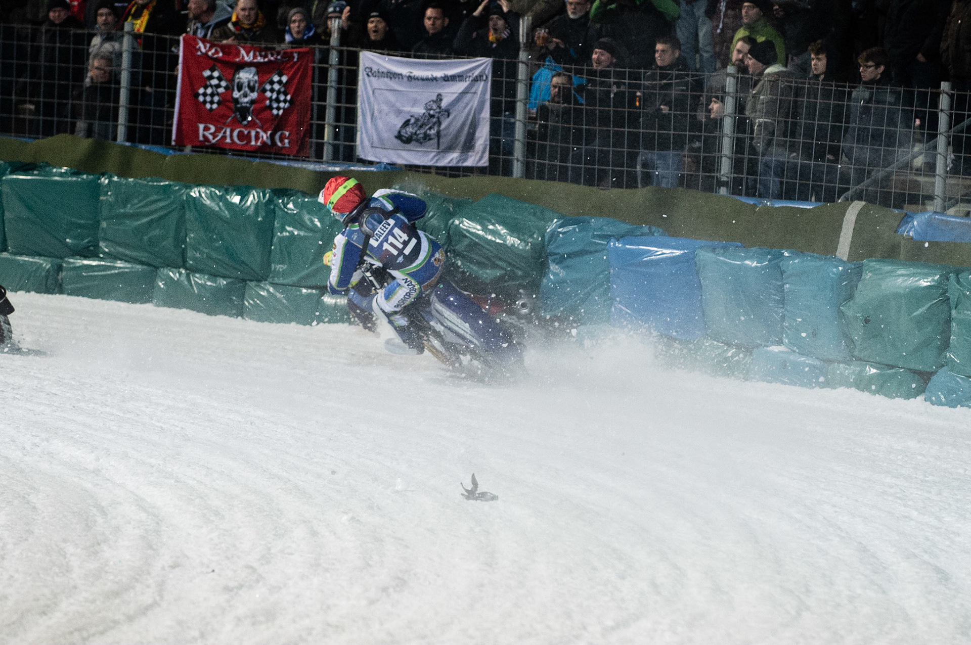 Photo: Ian Charles

Stefan Svensson (58) hits a rut inside Andrei Shishegov (181) and Dinar Valeev (114) causing Shishegov to fall

FIM Ice Speedway Gladiators World Championship, Final 3.1, Horst-Dohm Eisstadion, Berlin, Germany Saturday  2  March  2019