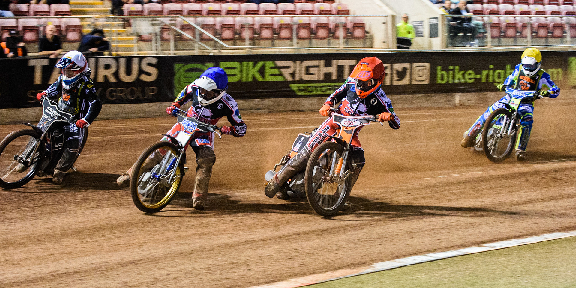 MANCHESTER, SEPT 3RD. Paul Bowen  (Blue) leads Connor Coles  (Red) and Sam Hagon (White) with Luke Muff  (Yellow) behind during the National Development League match between Belle Vue Aces and Mildenhall Fens Tigers at the National Speedway Stadium, Manchester on Friday 3rd September 2021. (Credit: Ian Charles | MI News)