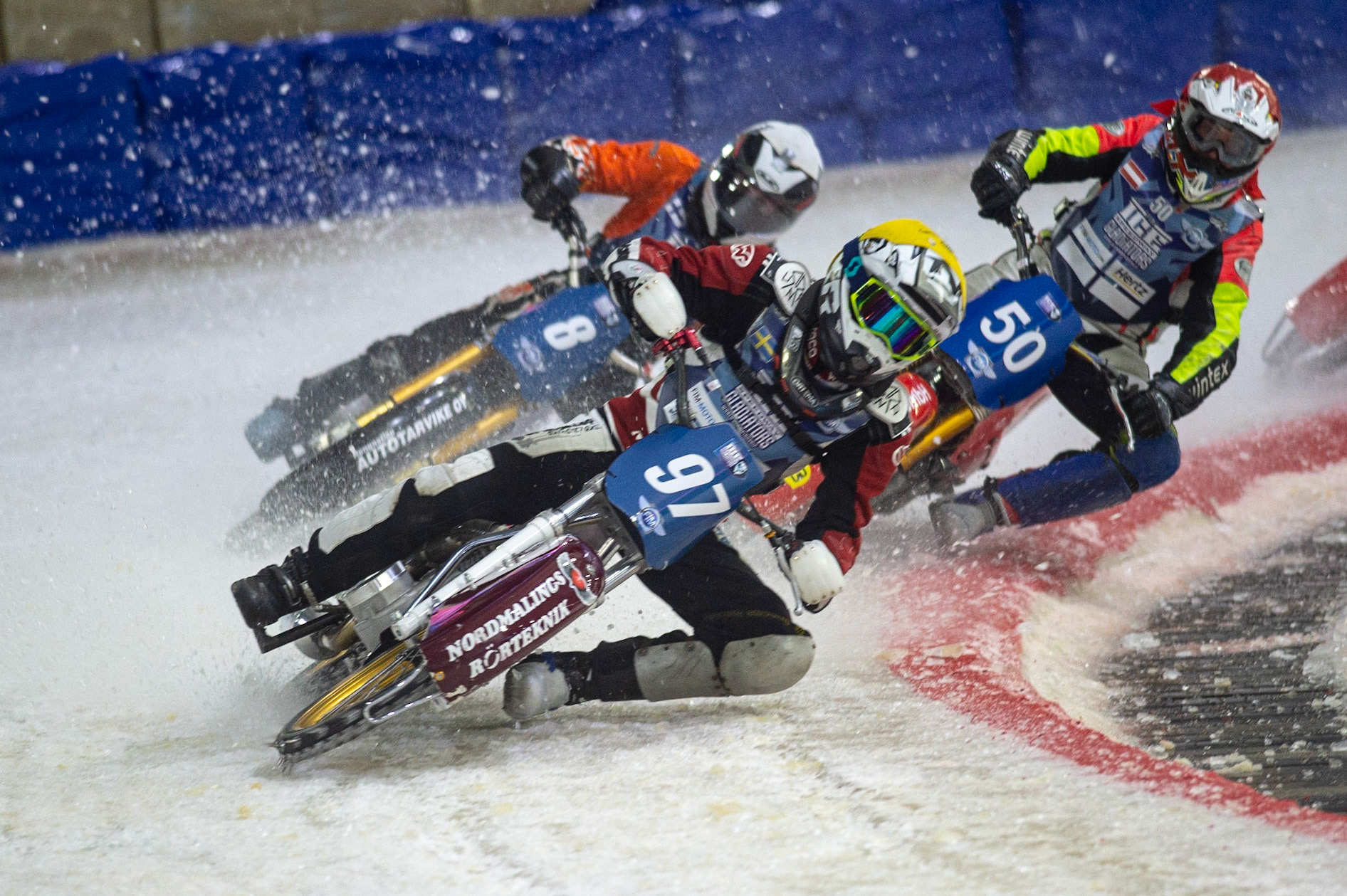 HEERENVEEN, NL.Ove Ledström (97)  (Yellow) leads Aki Ala-Riihimäki (8) (White) and Harald Simon (50) (Red)  during the FIM Ice Speedway Gladiators World Championship Final 3 at Ice Rink Thialf, Heerenveen on Saturday  2 April 2022. (Credit: Ian Charles | MI News)