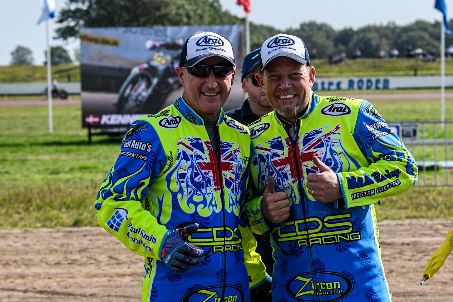 Mitch Goddard &amp; Paul Smith (9) of Great Britain during the FIM Long Track World Championship Final 5 at the Speed Centre Roden, Roden, Netherlands on Sunday 22nd September 2024. (Photo: Ian Charles | MI News)
