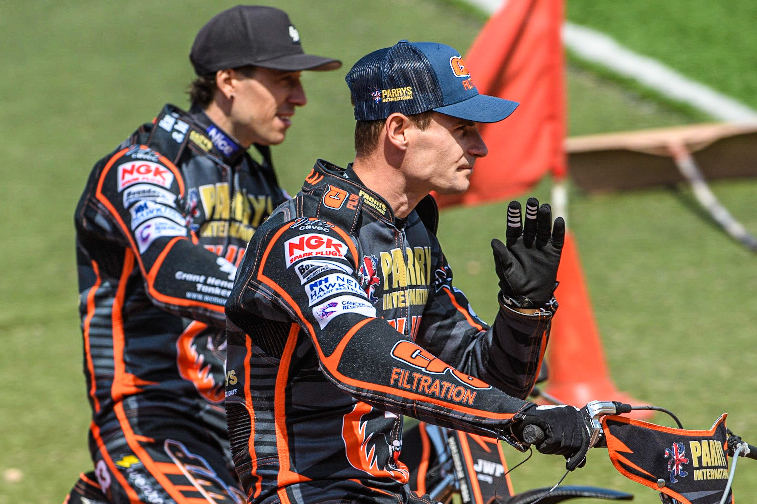 Sam Masters (left) and Steve Worrall - Wolverhampton Parrys International Wolves during the Sports Insure Premiership match between Belle Vue Aces and Wolverhampton Wolves at the National Speedway Stadium, Manchester on Monday 29th May 2023. (Photo: Ian Charles | MI News)